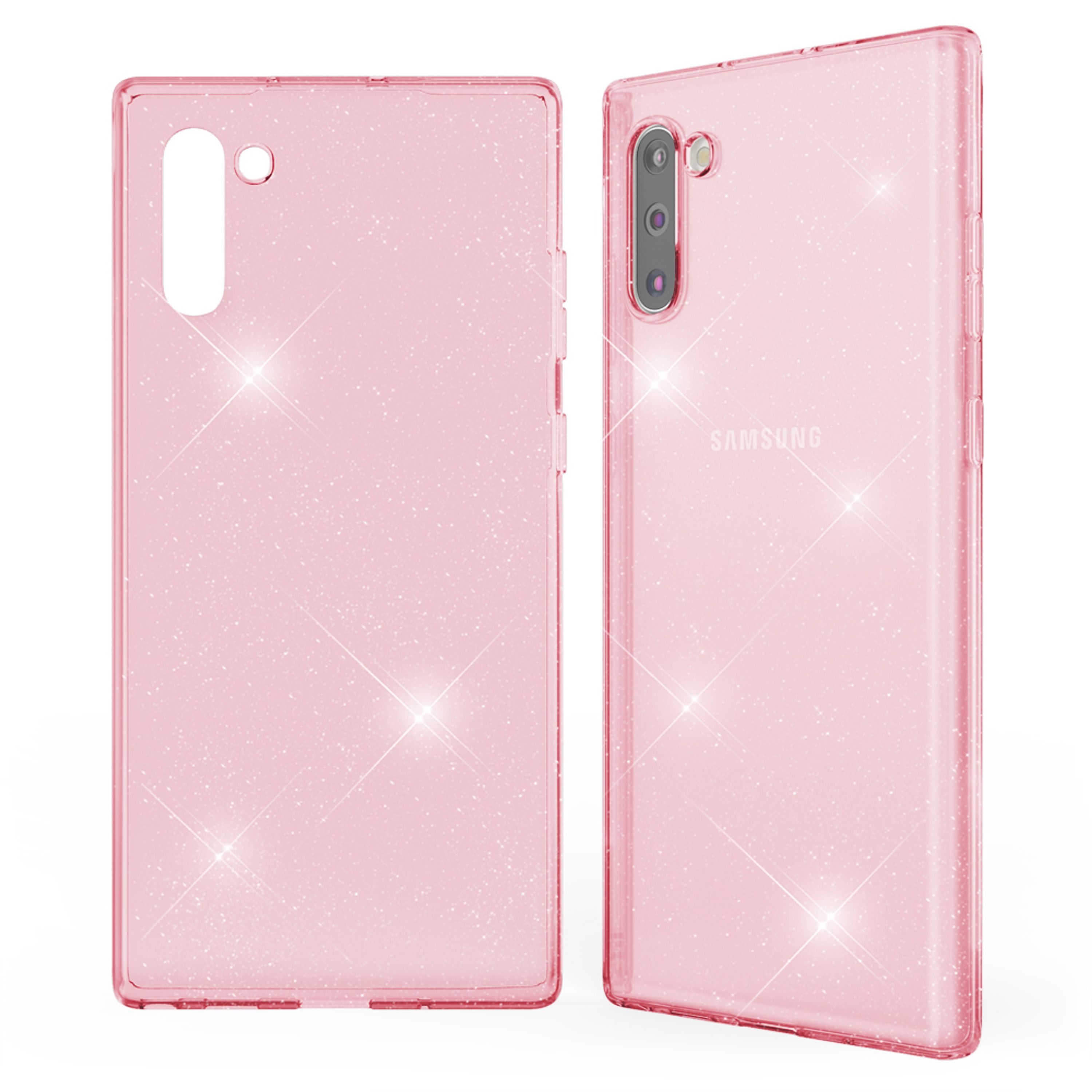 Due cover rosa glitterate per telefono, una vista frontale e una posteriore.