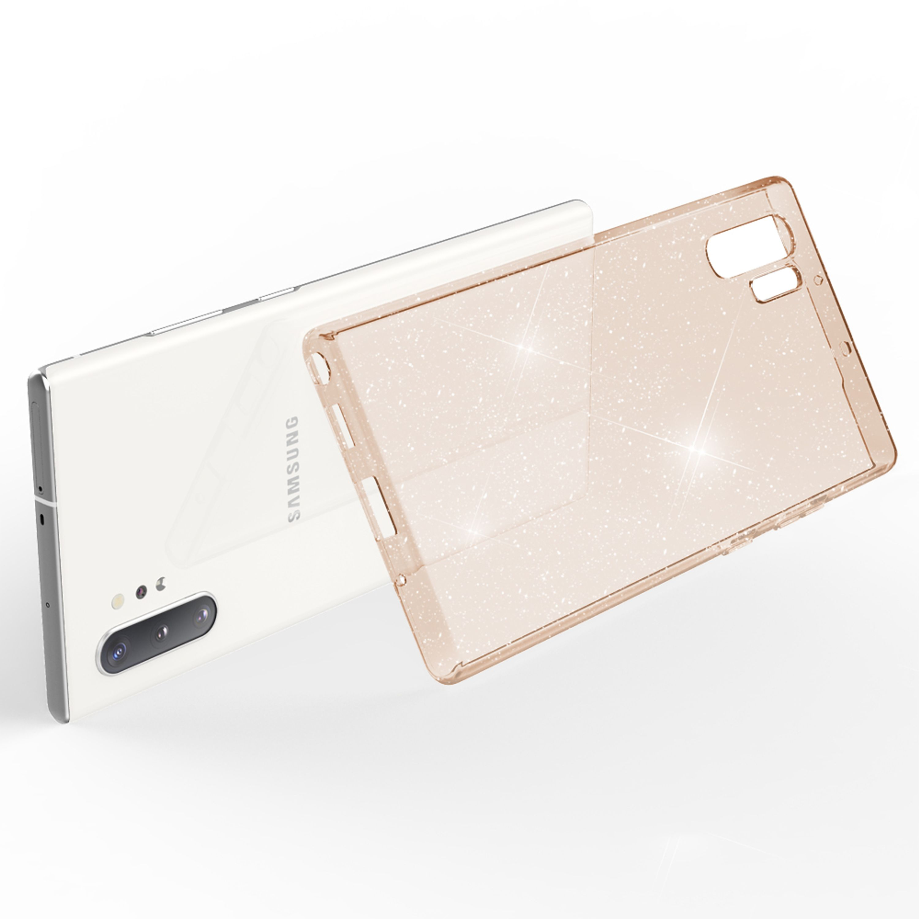 Ein weißes Smartphone liegt neben einer durchsichtigen, glitzernden Hülle.