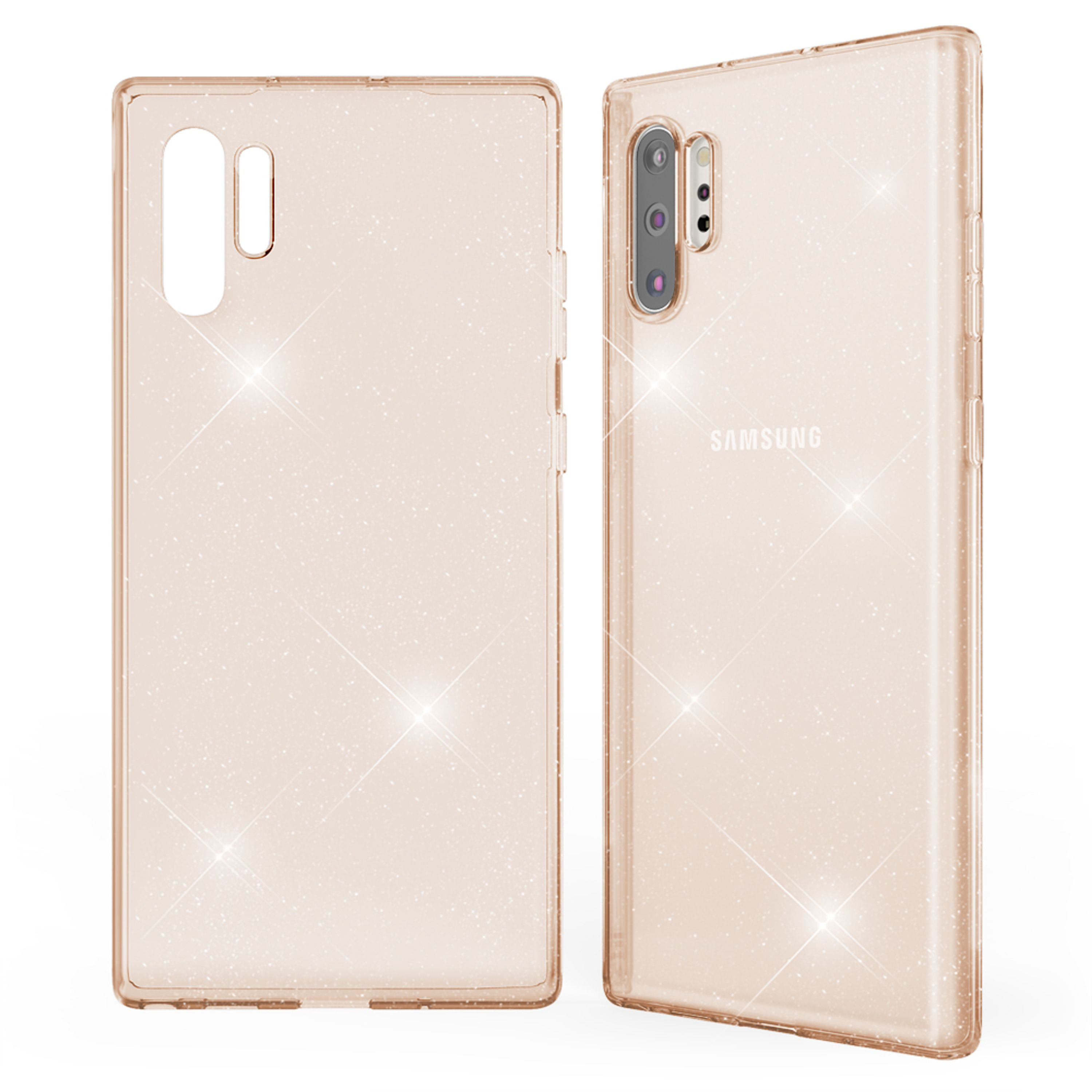 Zwei transparente, roségoldene Handyhüllen mit Glitzerpartikeln auf weißem Hintergrund.