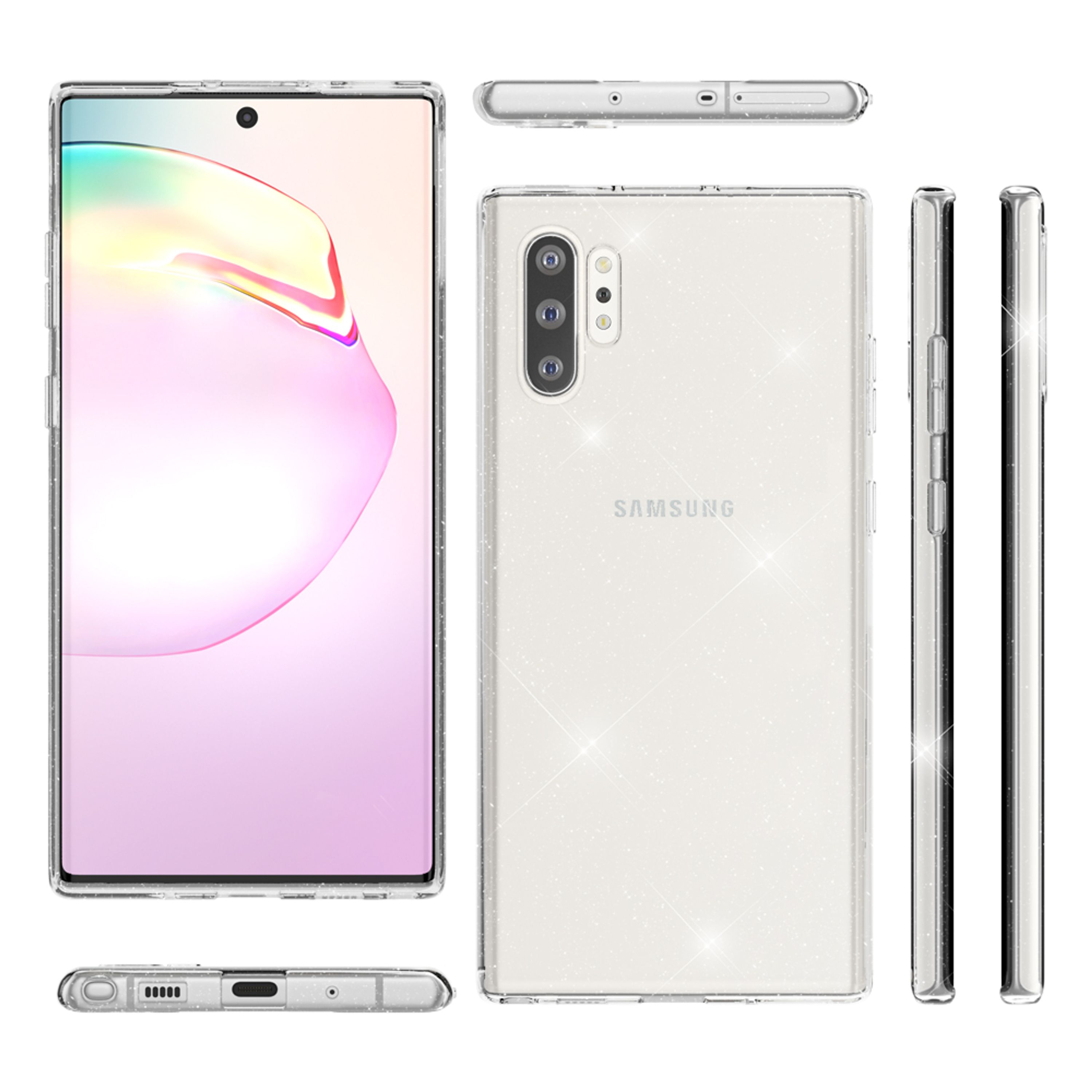 Ein durchsichtiges Samsung-Handy mit Glitzerdetails, Vorder- und Rückansicht.