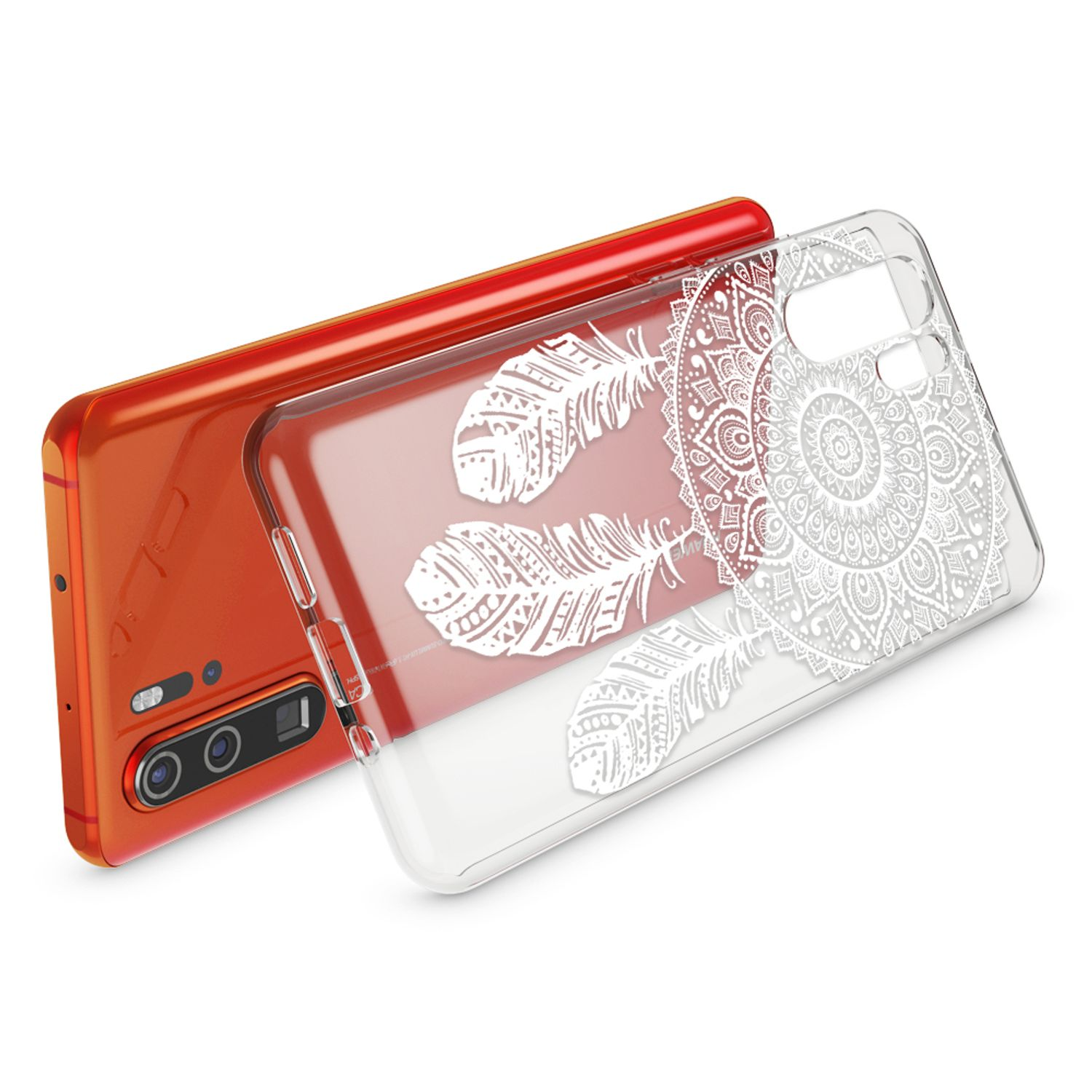 Uno smartphone arancione con custodia trasparente con disegni di piume e mandala.
