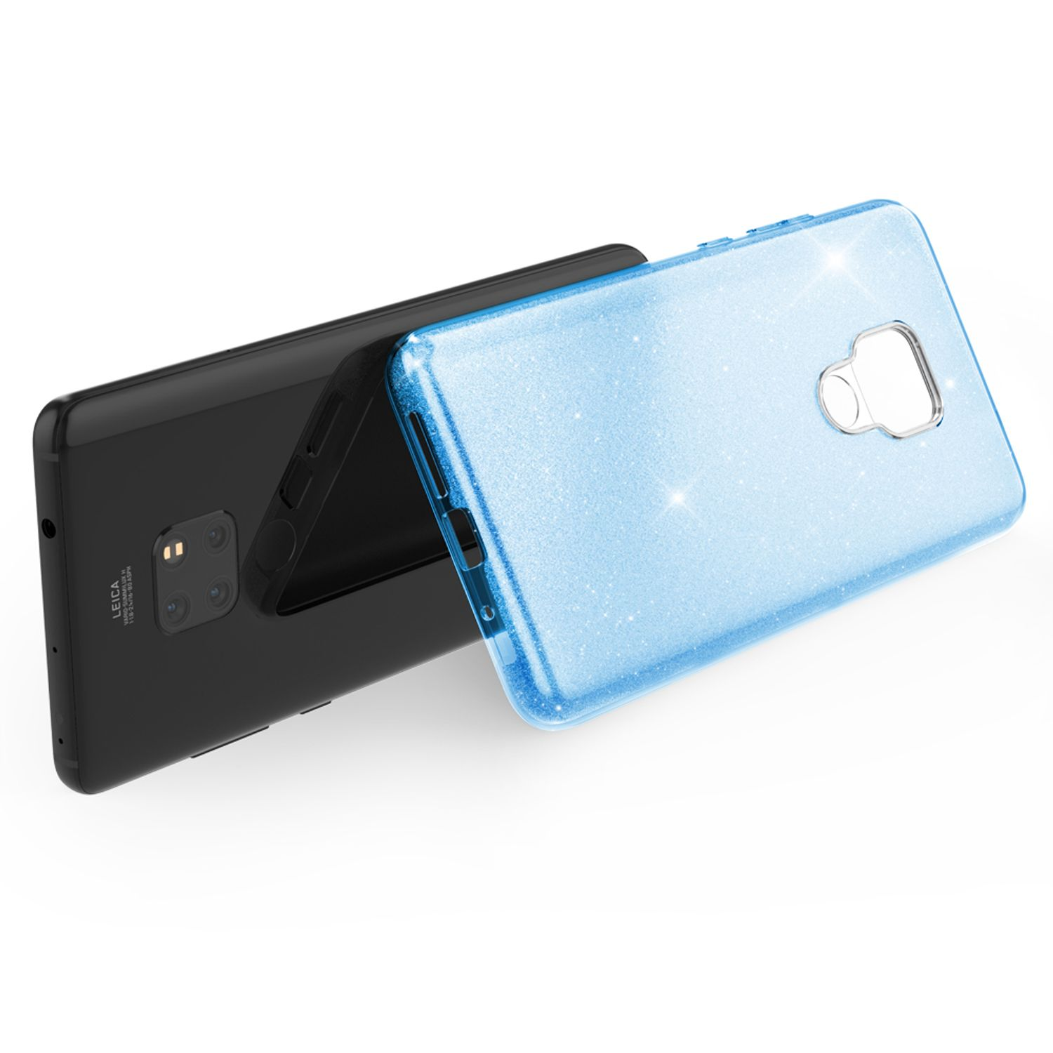 Ein schwarzes Smartphone mit Leica-Kamera liegt neben einer hellblauen, glitzernden Handyhülle.