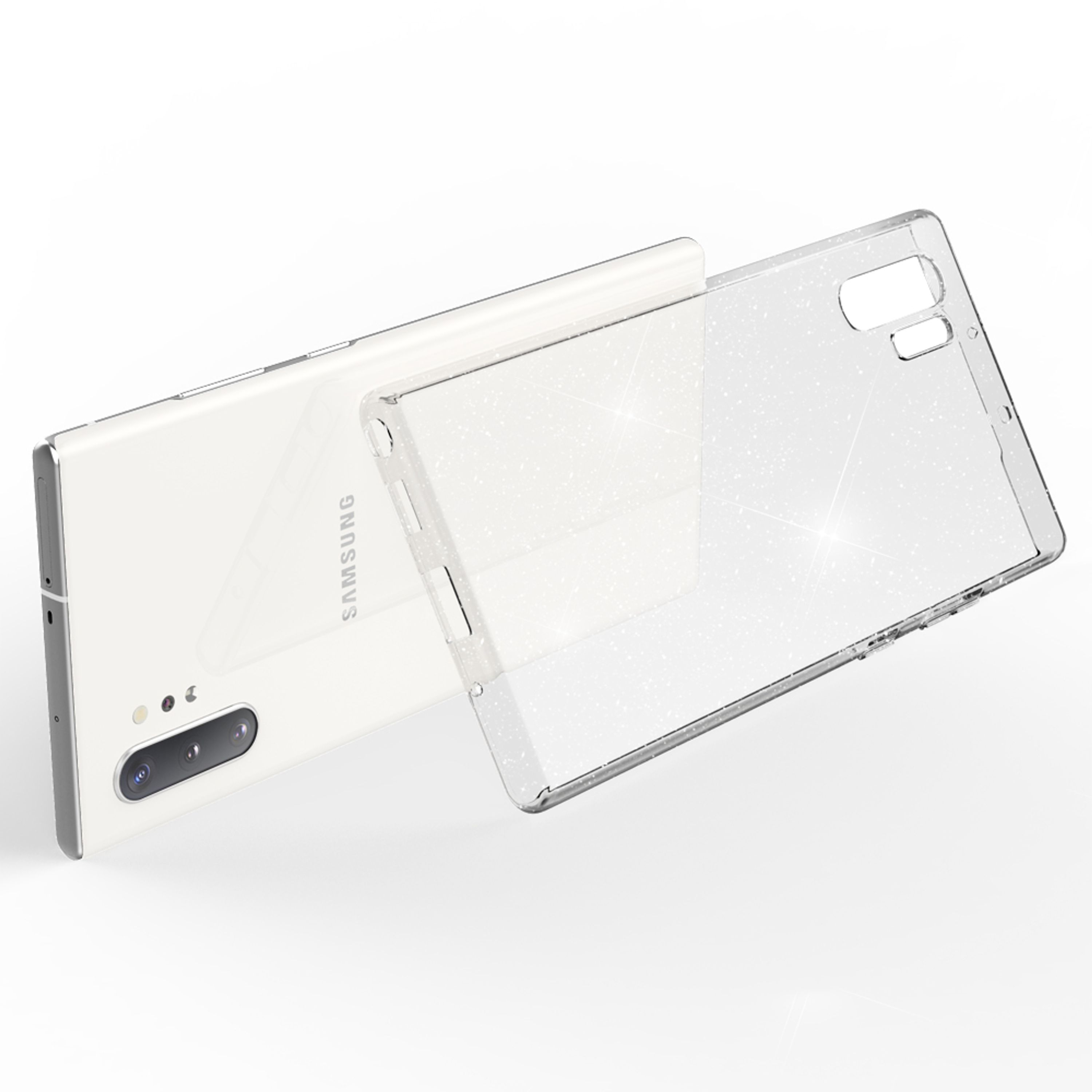 Ein weißes Samsung-Smartphone mit einer transparenten Hülle mit Glitzer.