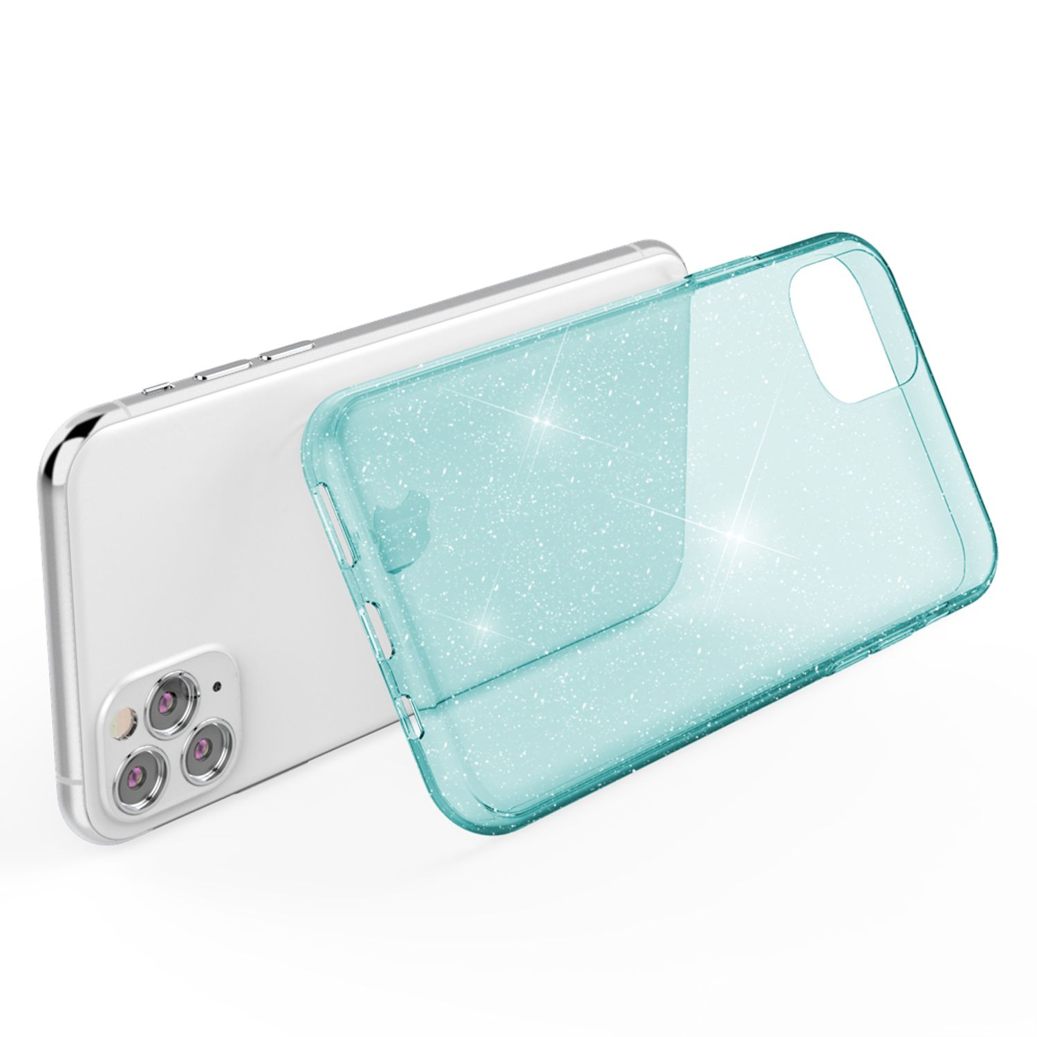 Ein türkisfarbener, glitzernder Handyhülle liegt neben einem weißen Smartphone.