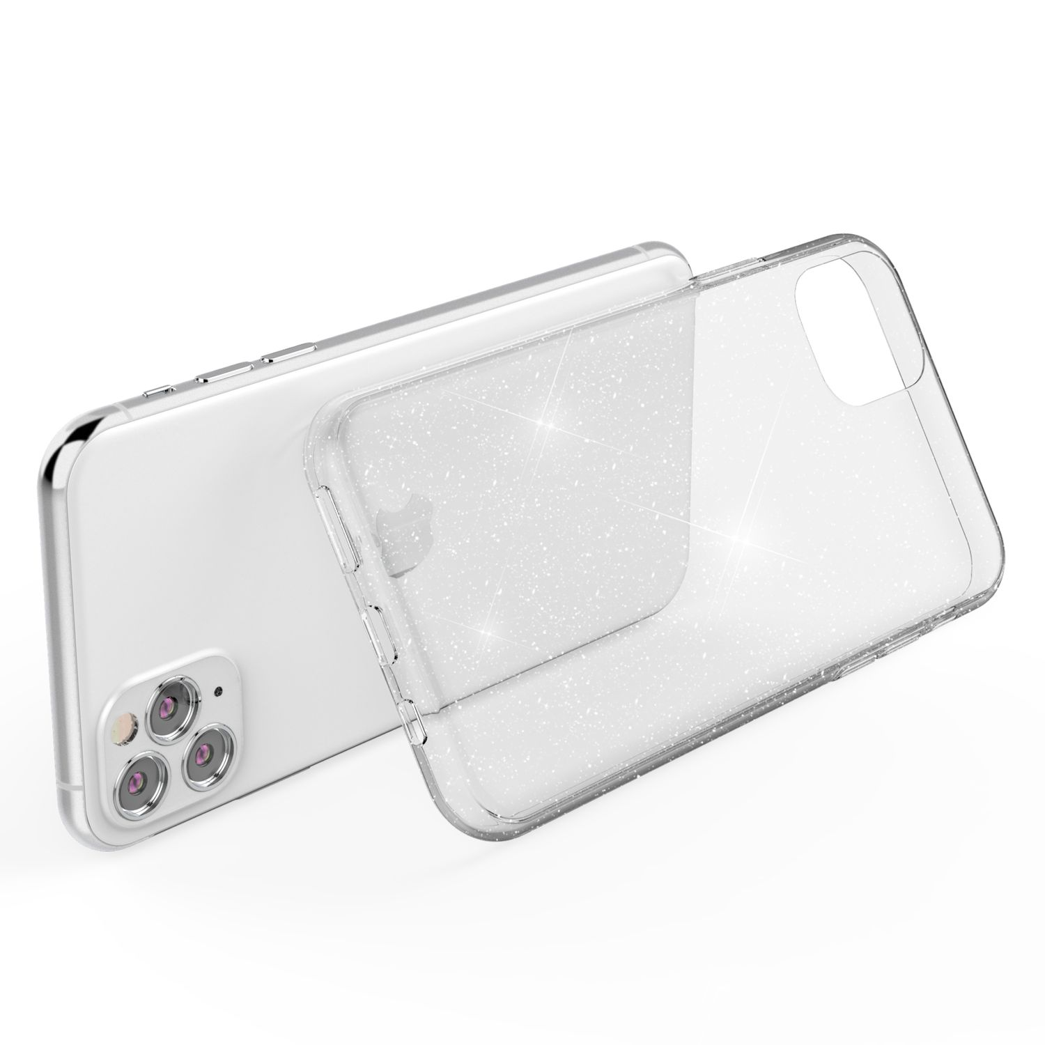 Ein durchsichtiger Handyhülle mit Glitzerpartikeln liegt neben einem weißen Smartphone.
