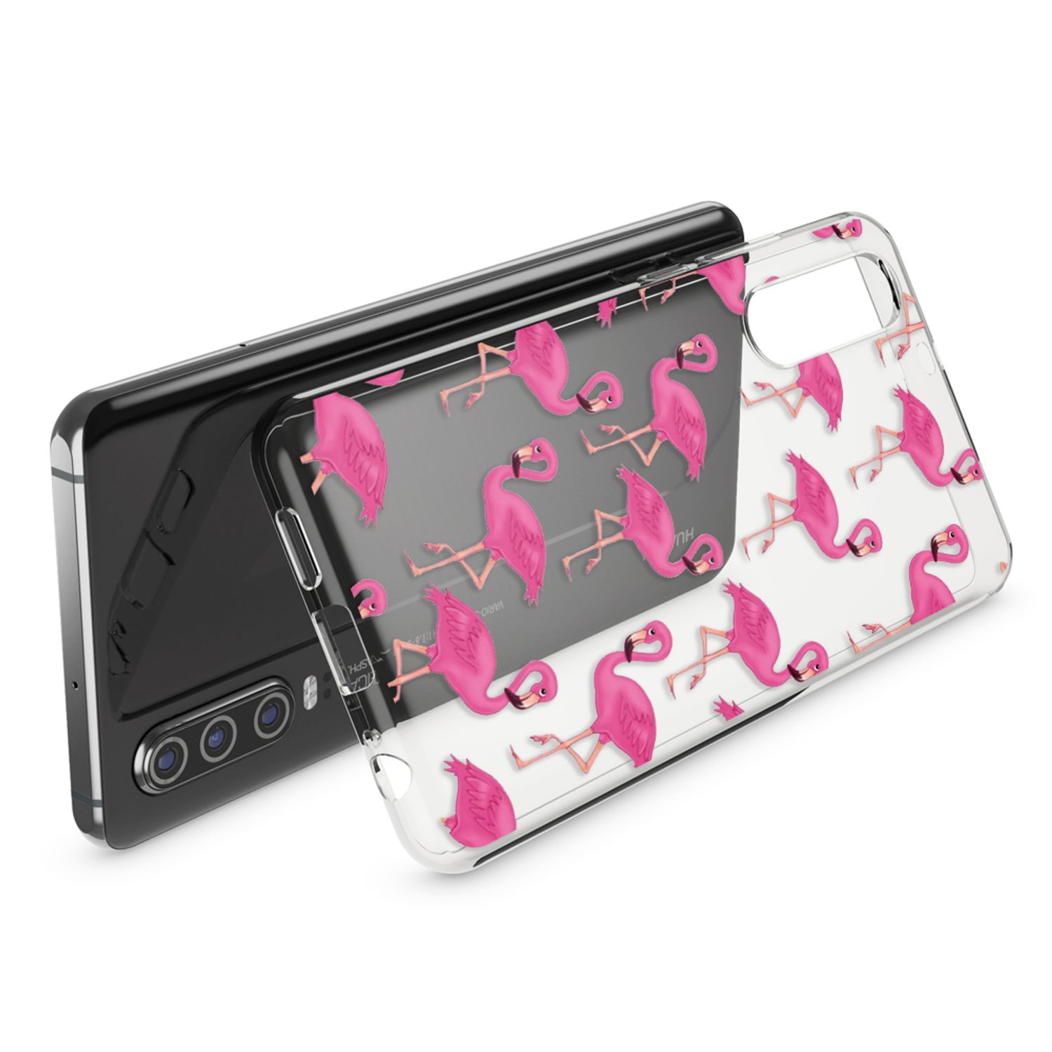 Ein schwarzes Smartphone mit einer durchsichtigen Hülle mit Flamingomuster.