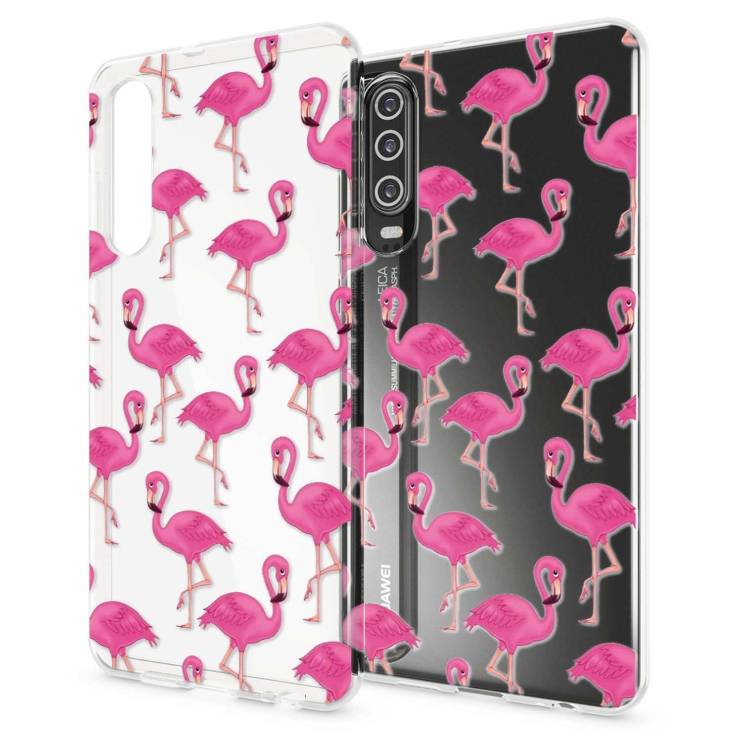 Zwei Handyhüllen mit rosa Flamingos auf weißem und schwarzem Hintergrund.