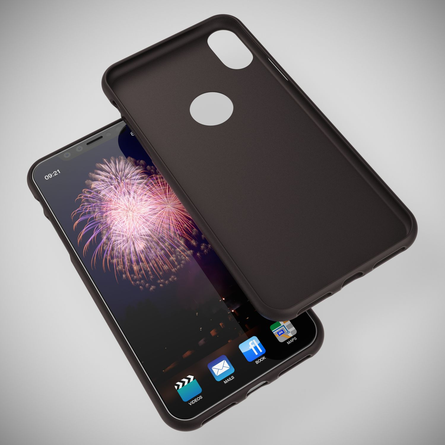 Una cover scura accanto a uno smartphone con fuochi d'artificio. Icone visibili.