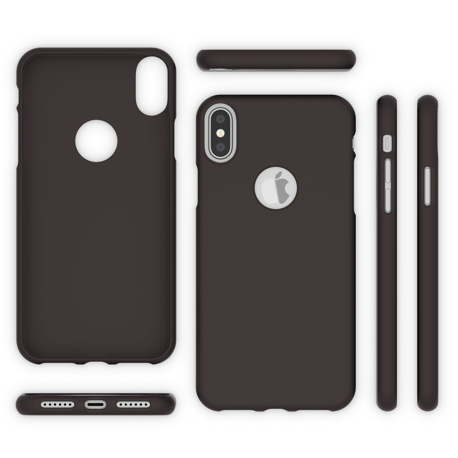 Custodia marrone scuro per iPhone X/XS vista frontalmente, posteriormente e lateralmente.
