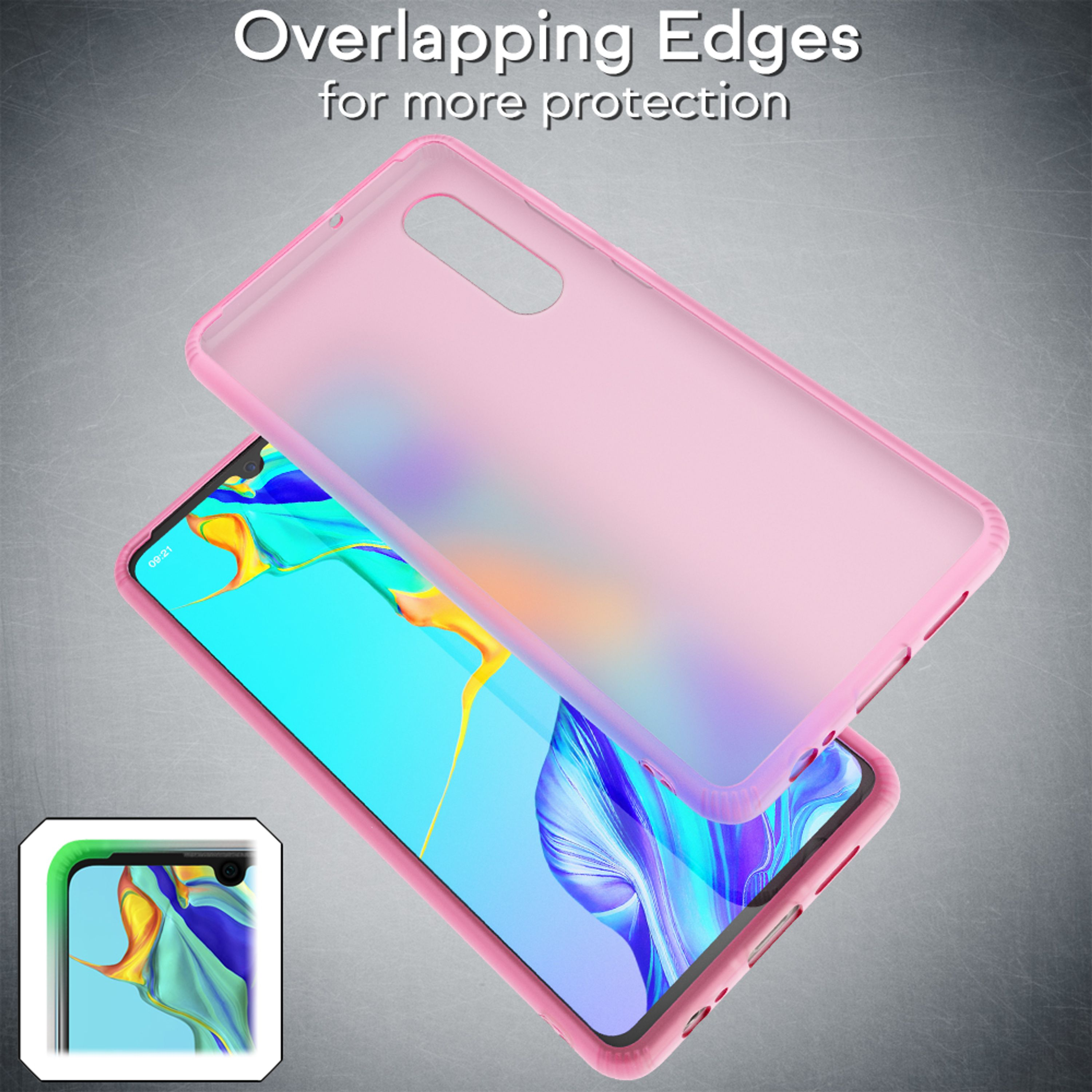 Ein rosafarbenes Handycover über einem Smartphone mit buntem Display.