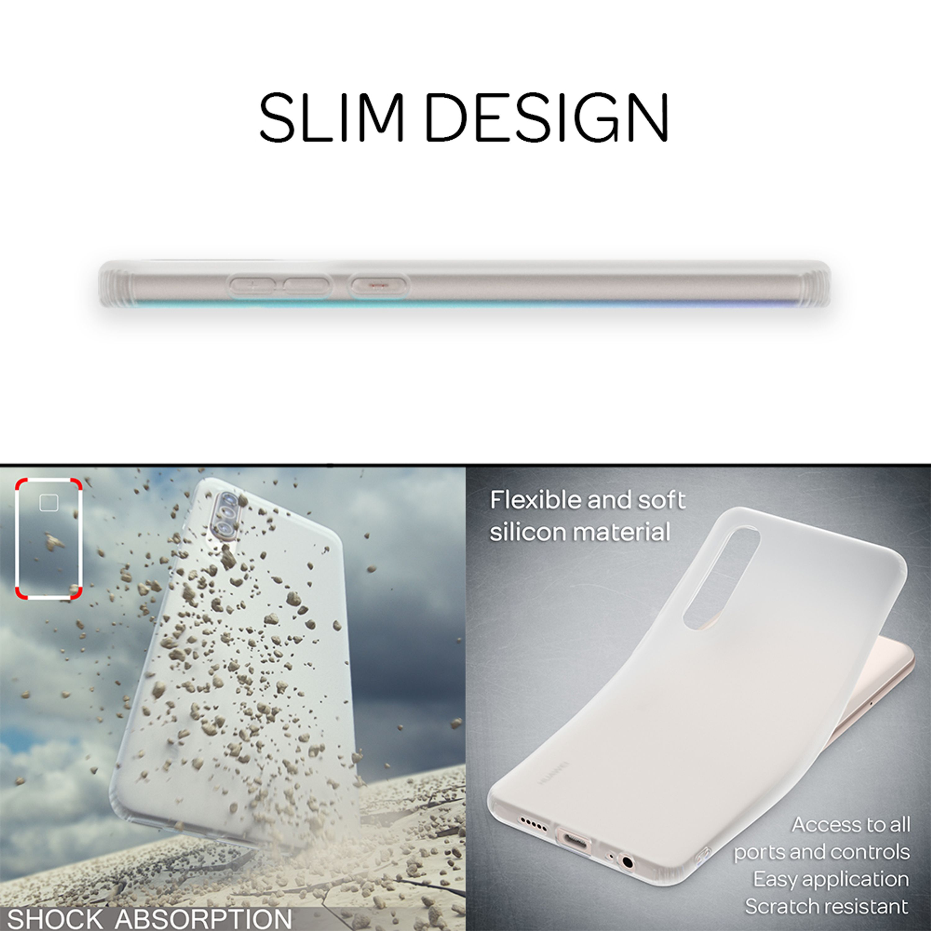 Schlankes Design, Stoßdämpfung, flexibles Silikonmaterial, Anschlüsse.