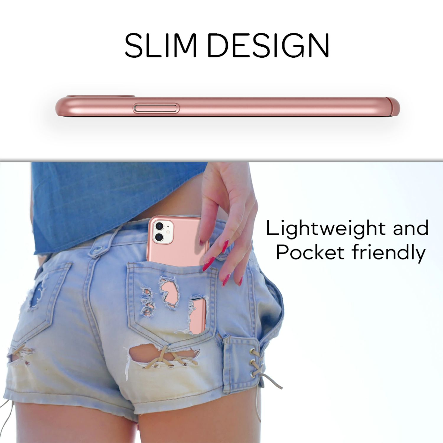 Schlankes rosafarbenes Handy in einer Jeanstasche. Schlankes Design.