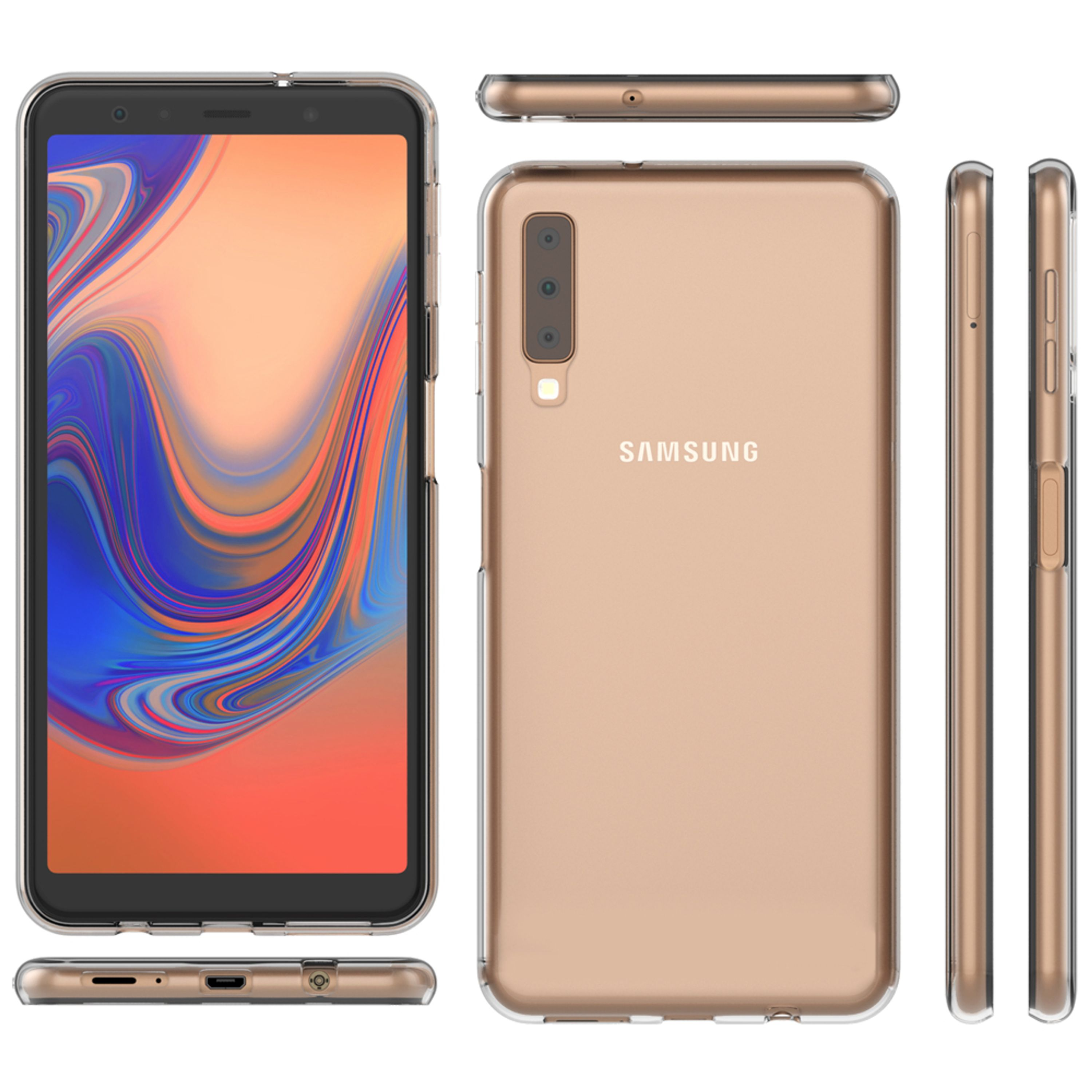 Ein goldfarbenes Samsung-Smartphone wird aus verschiedenen Blickwinkeln gezeigt.