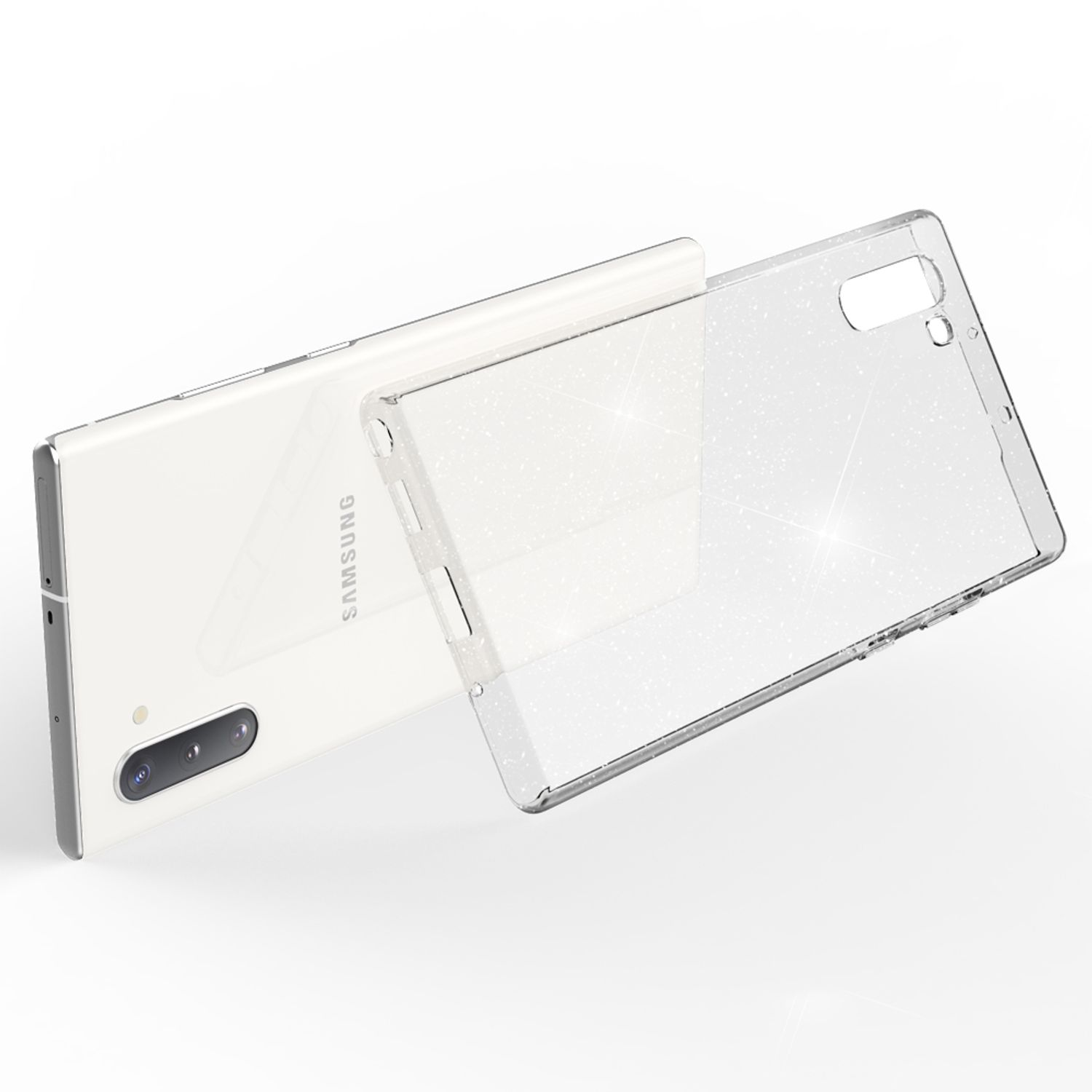 Un telefono Samsung bianco con una cover trasparente con glitter, che lo copre parzialmente.