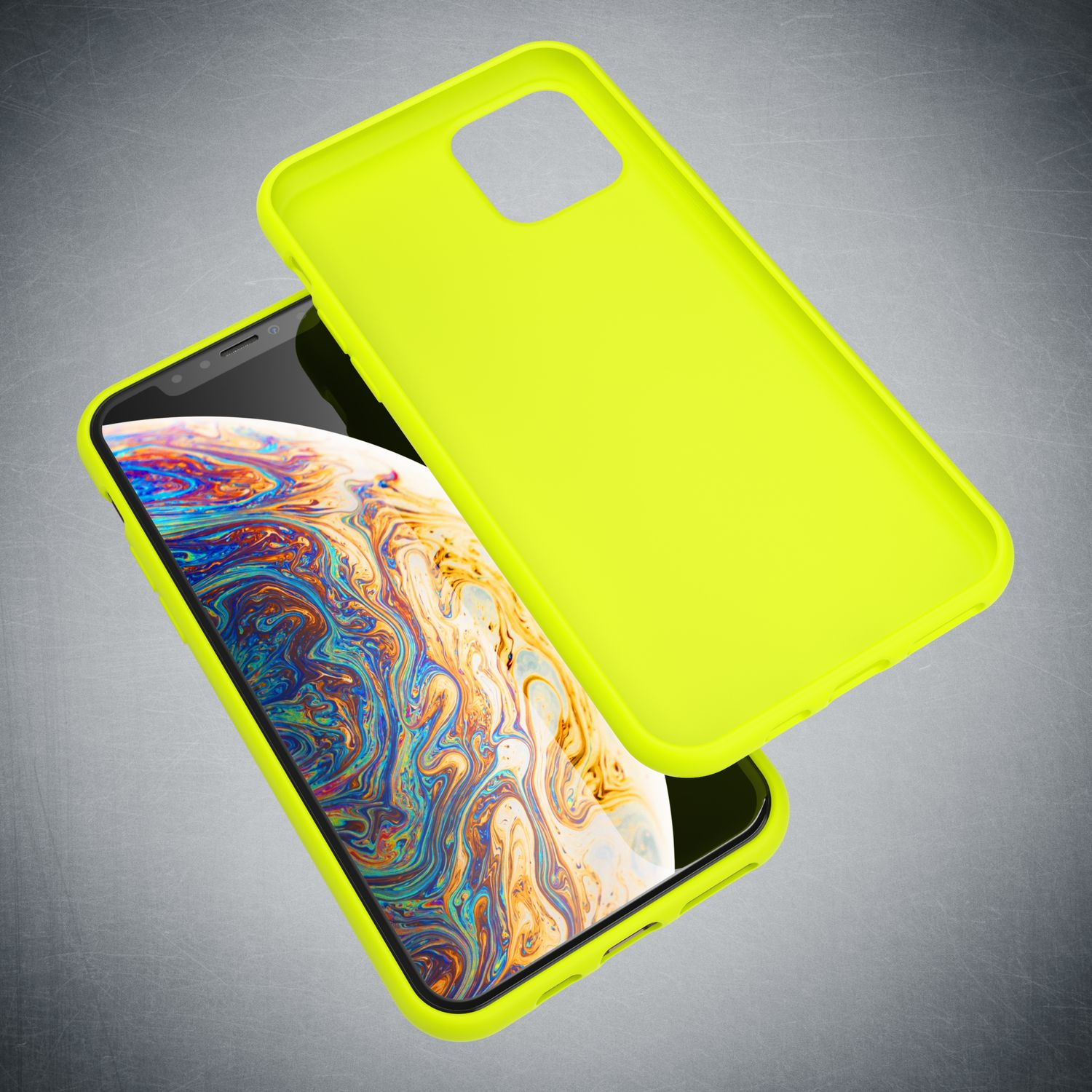 Ein neongelbes Handycover liegt neben einem Smartphone mit buntem Hintergrundbild.