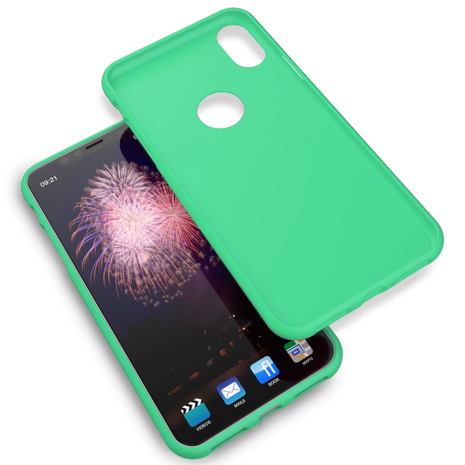 Ein Smartphone mit einem grünen Gehäuse und einem Feuerwerk-Hintergrundbild.