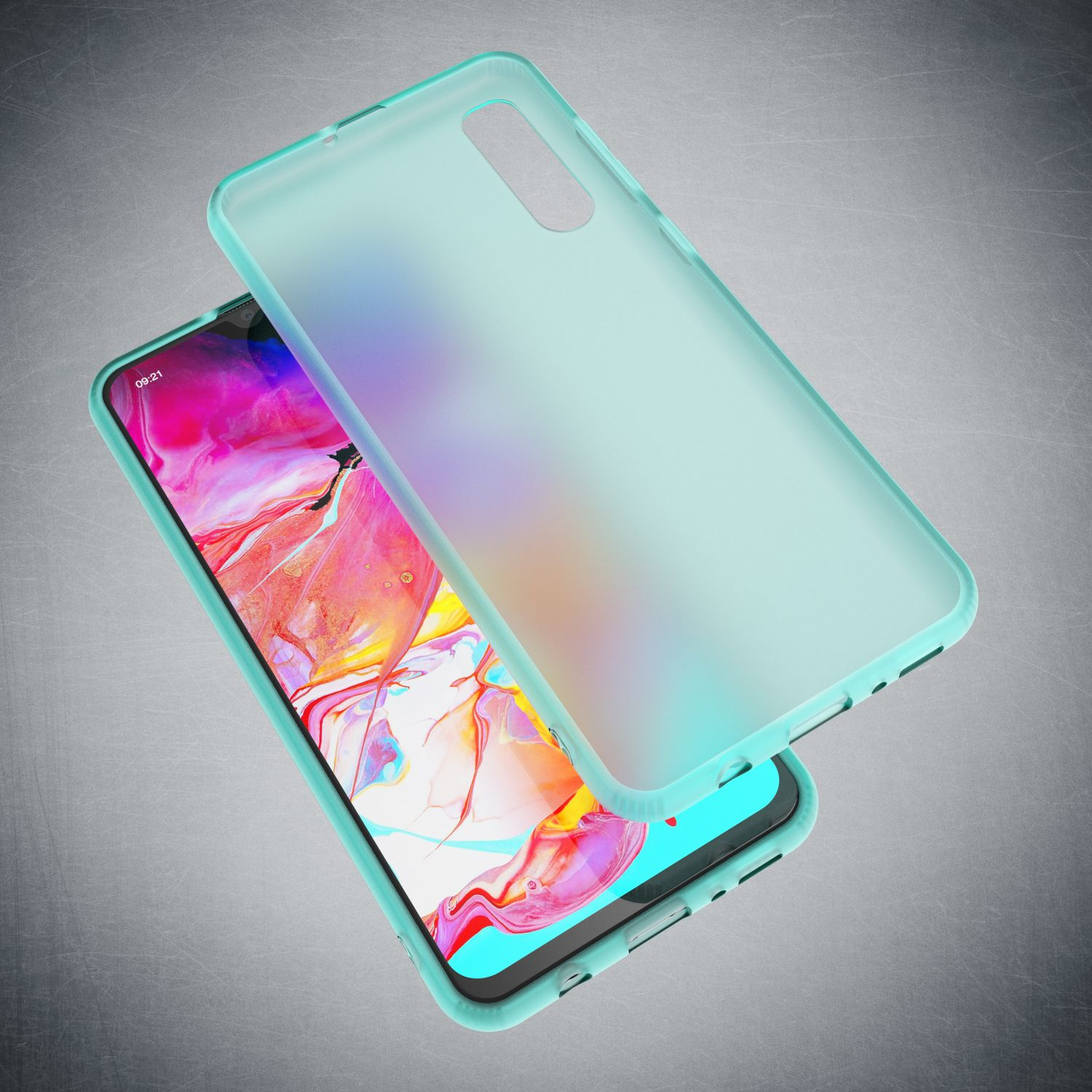 Ein türkisfarbener Handyhülle über einem Smartphone mit buntem Hintergrund.