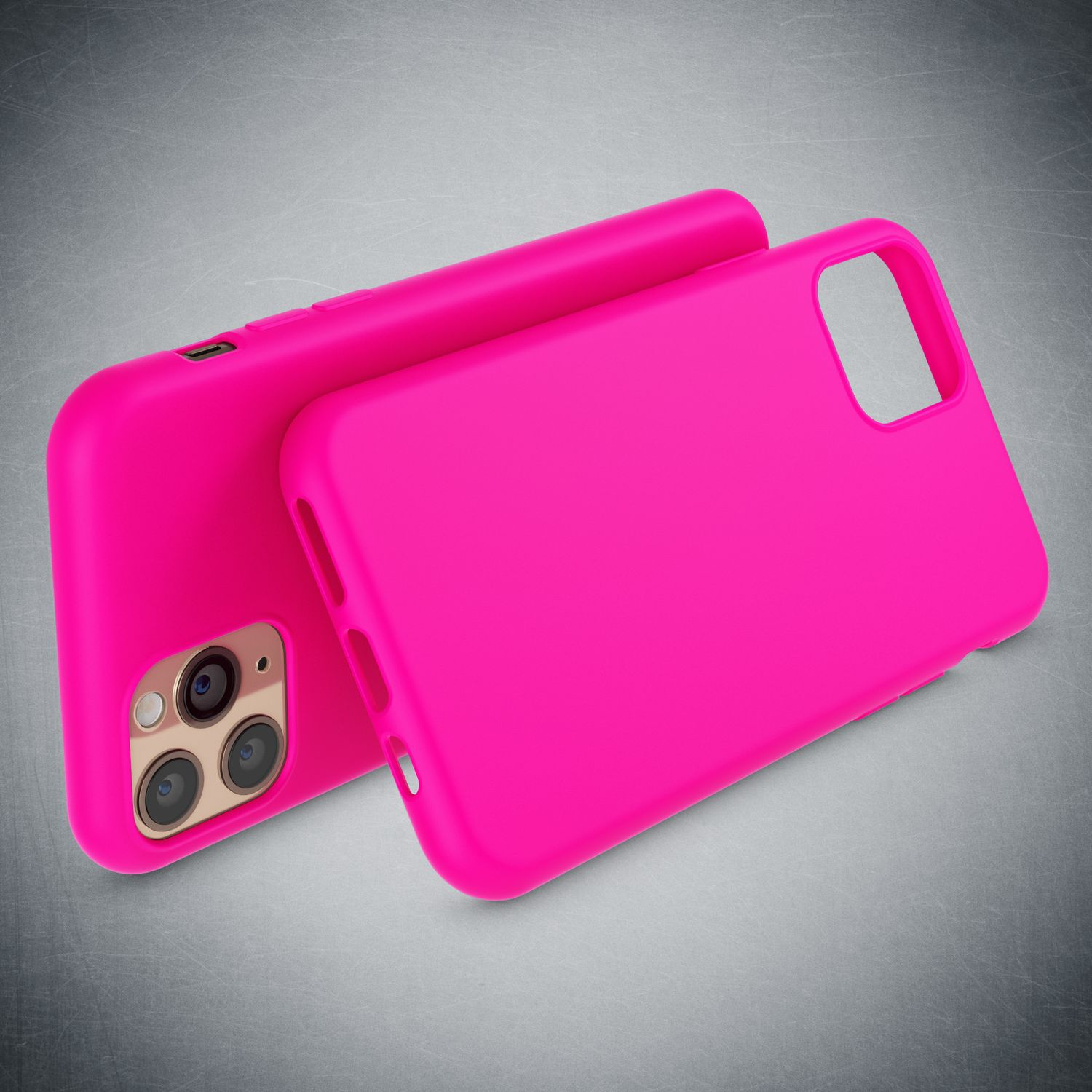 Zwei leuchtend pinke Handyhüllen liegen nebeneinander auf einem grauen Hintergrund.