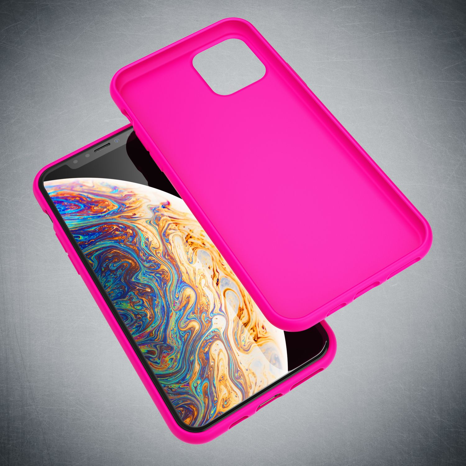 Ein knallpinkes Handycover liegt über einem Smartphone mit buntem Hintergrund.