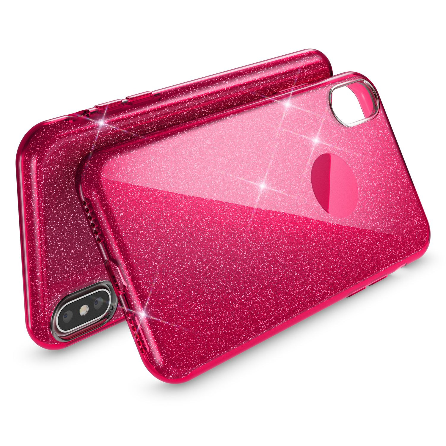 Zwei glitzernde, pinke Handyhüllen nebeneinander auf weißem Hintergrund.