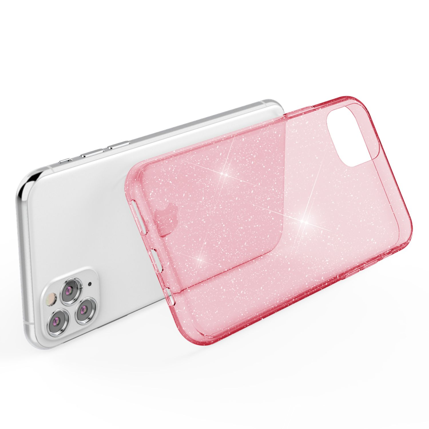 Ein weißes Smartphone mit einer durchsichtigen, glitzernden rosa Hülle.