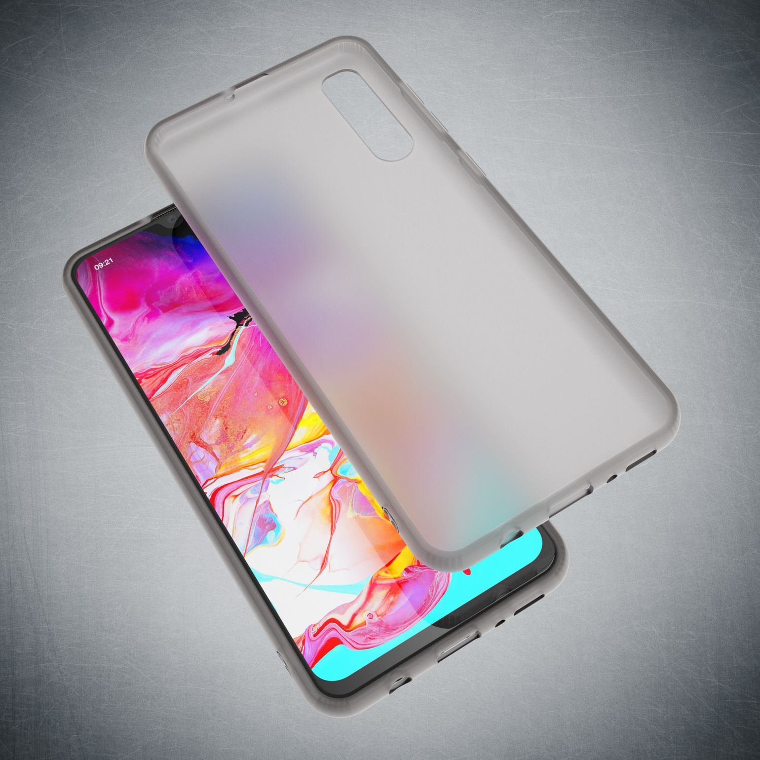 Grauer Handyhülle über einem Smartphone mit buntem Hintergrundbild.