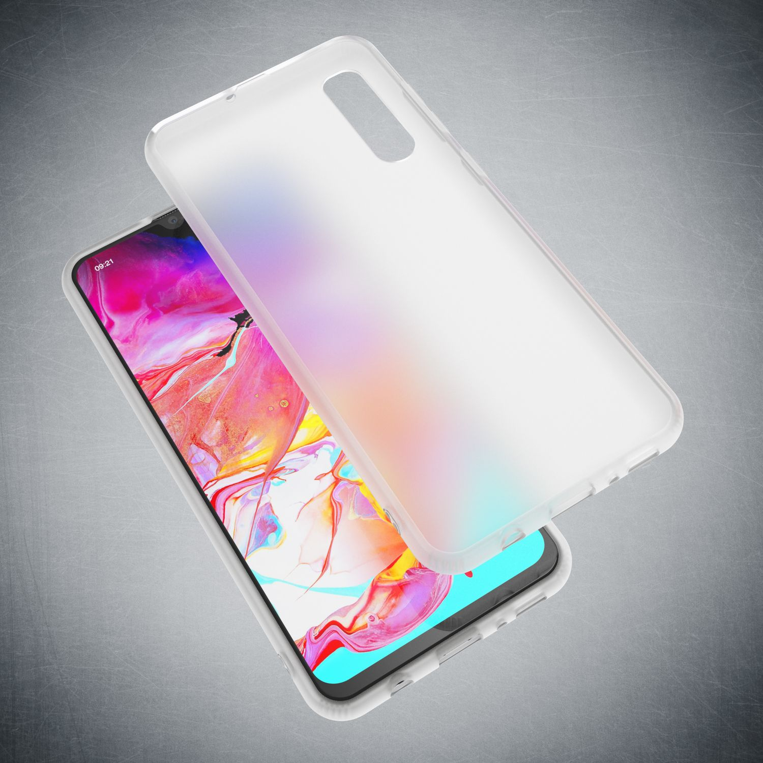 Ein weißes Handyhülle liegt über einem Smartphone mit buntem Hintergrundbild.
