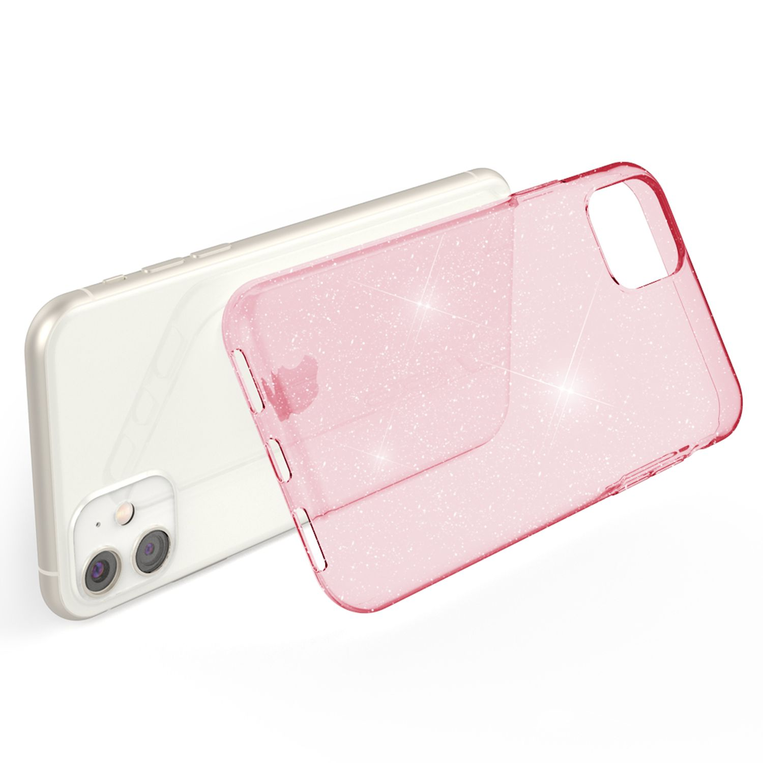 Transparente pinke Handyhülle mit Glitzerpartikeln auf einem weißen Handy.