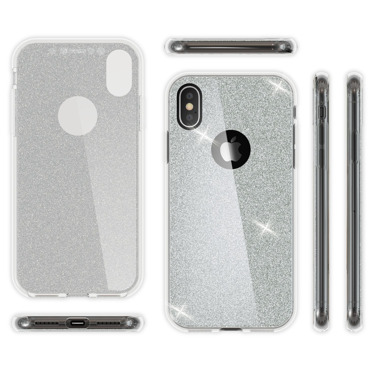 Glitzernde Handyhülle in Silber für iPhone X/XS, von allen Seiten gezeigt.