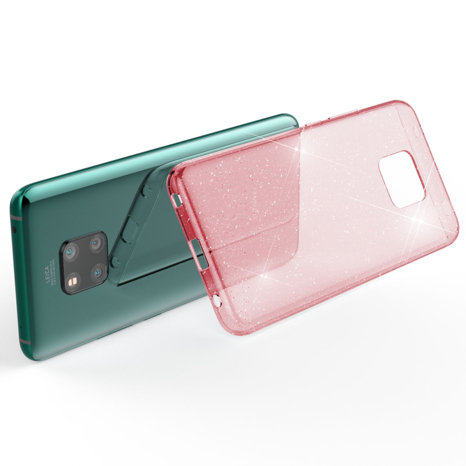 Ein grünes Handy mit Kamera und eine transparente pinke Handyhülle.