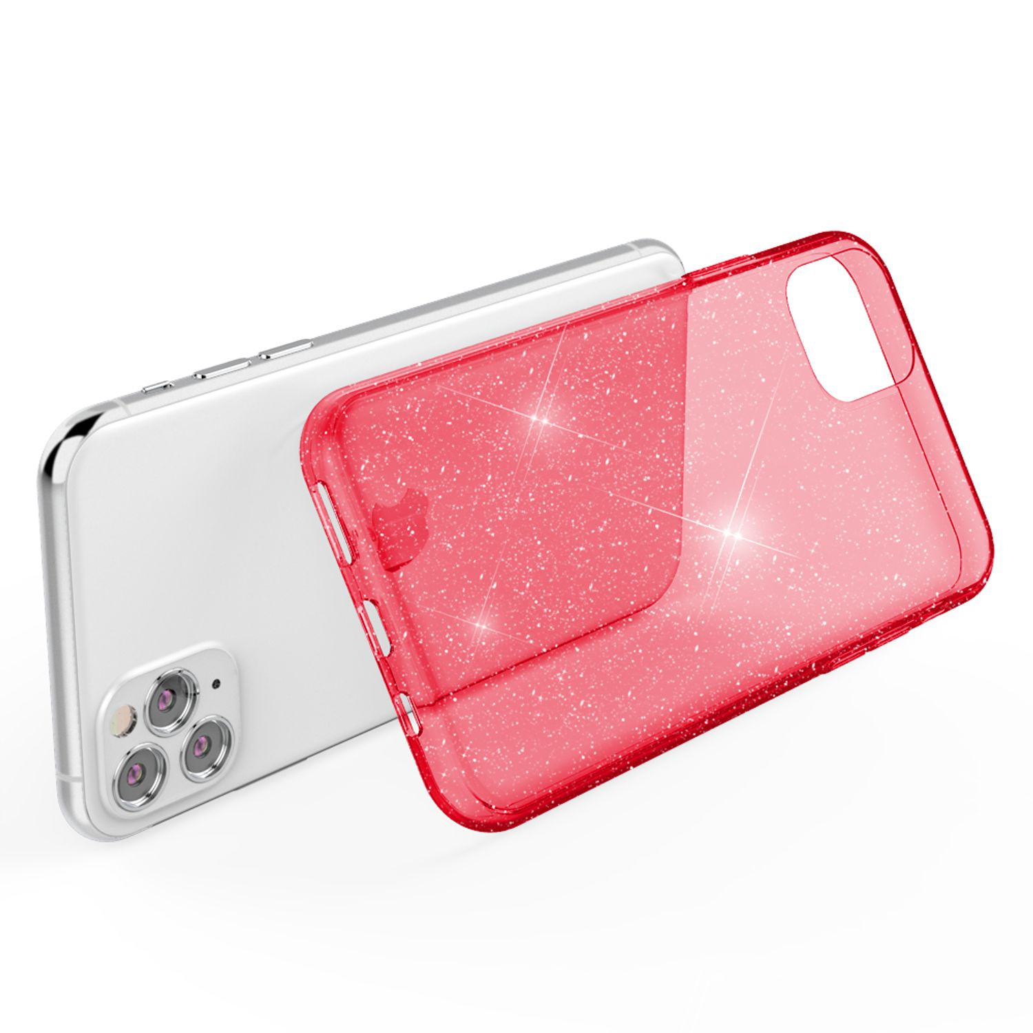 Ein rotes Glitzer-Handyhülle liegt neben einem weißen Handy.
