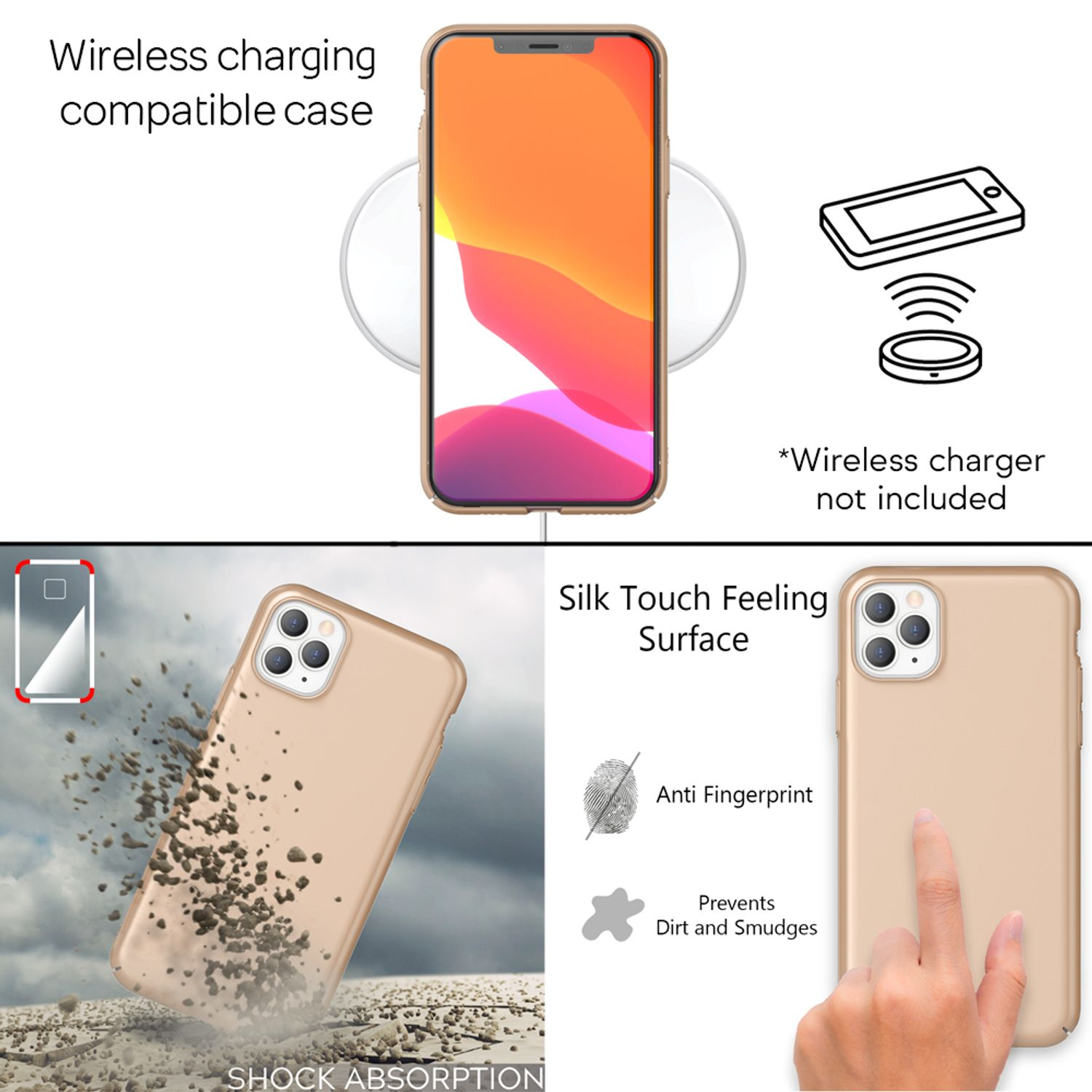 Goldene Handyhülle mit Stoßabsorption, kabellosem Laden und schmutzabweisender Oberfläche.
