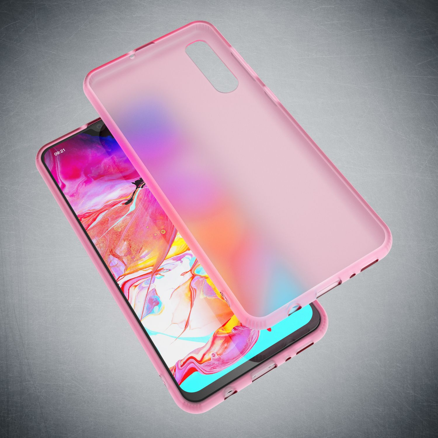 Ein rosafarbener Handyhülle liegt neben einem Smartphone mit bunter Displayanzeige.