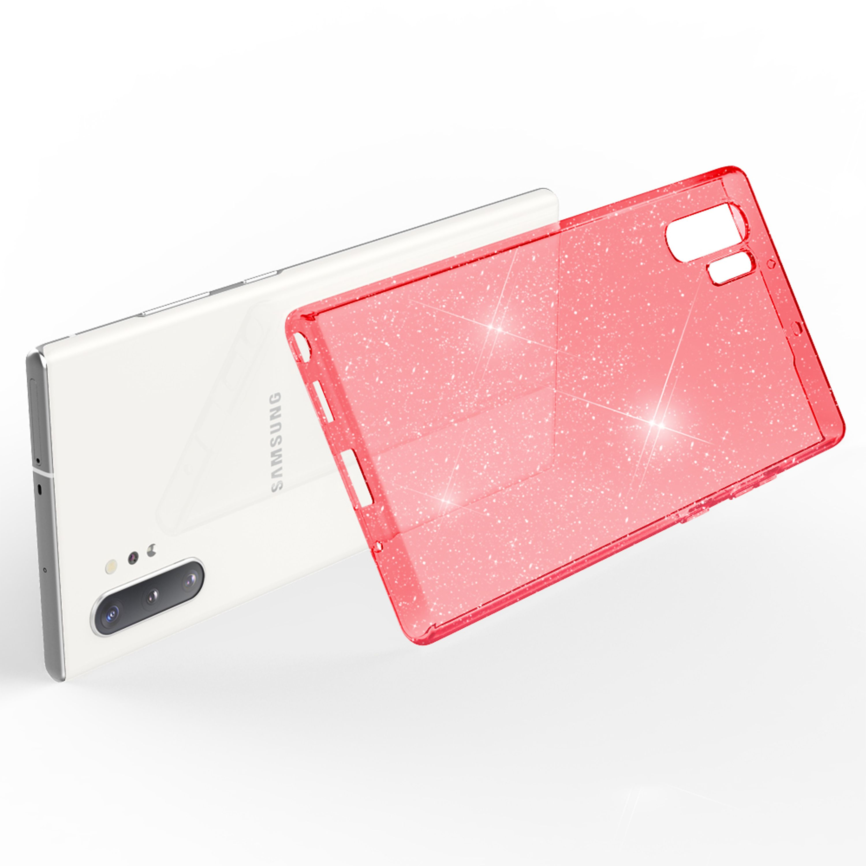 Ein weißes Smartphone liegt neben einer durchsichtigen roten Hülle mit Glitzer.