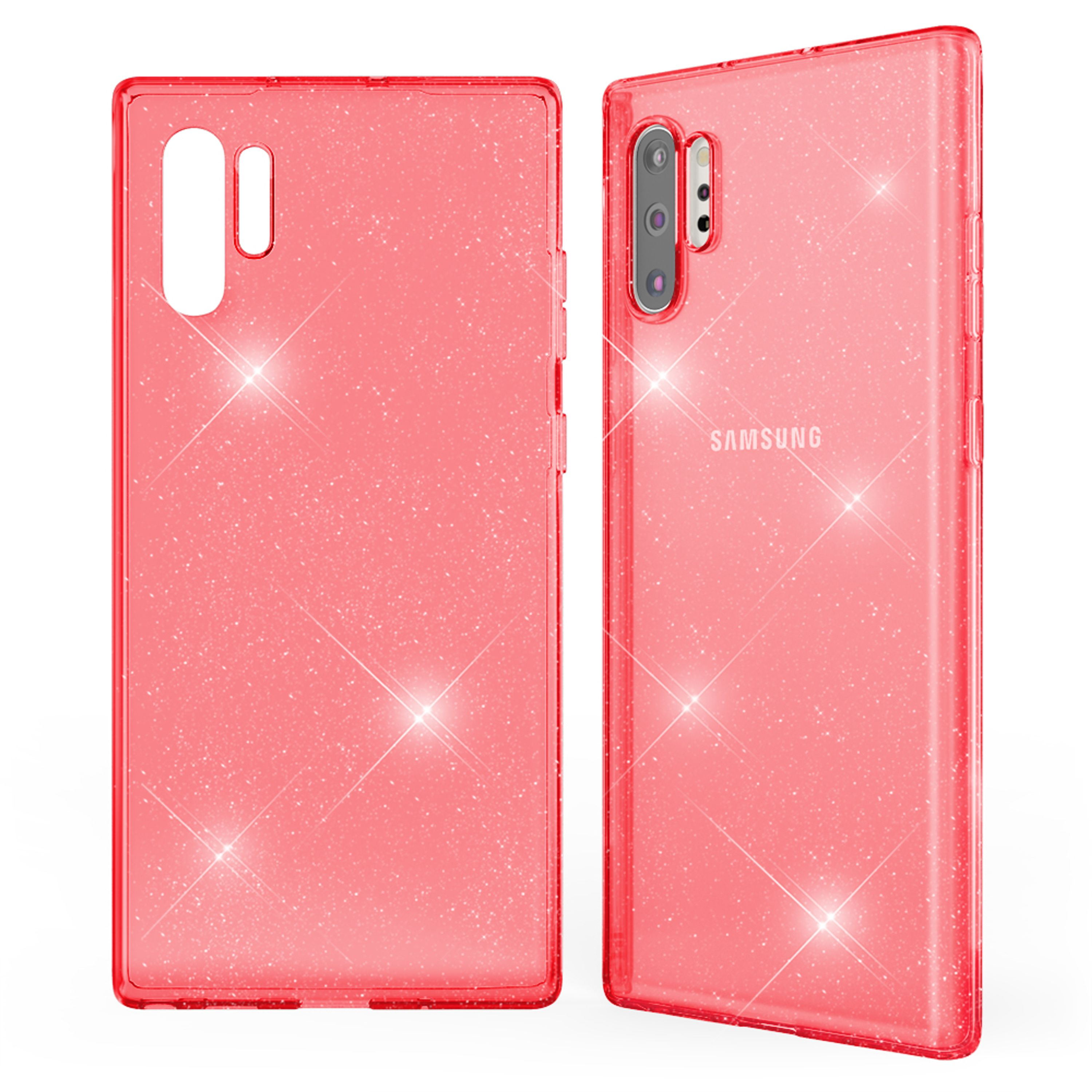 Zwei rote, glitzernde Handyhüllen mit Kameraschlitz und Samsung-Logo.