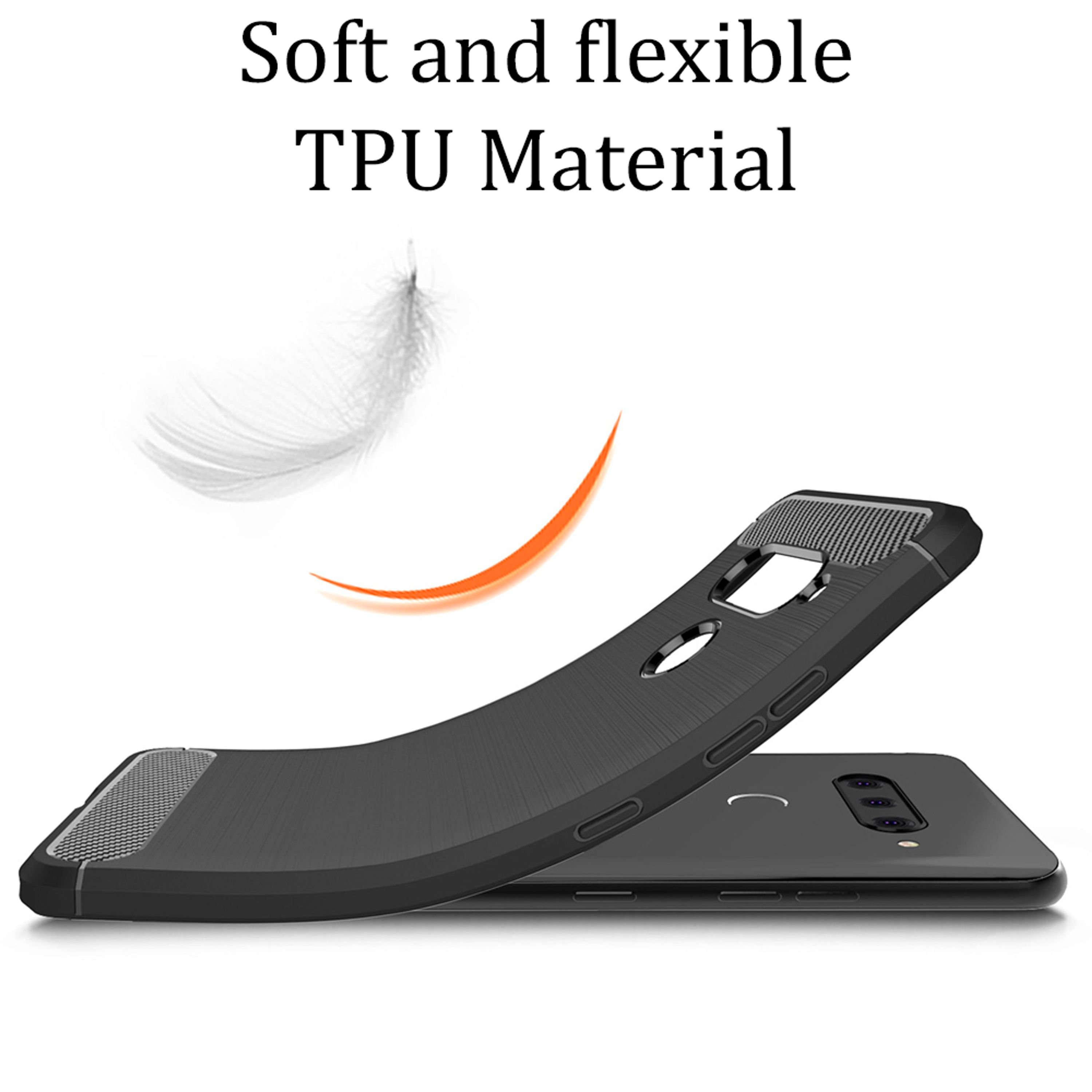 Schwarze Handyhülle mit Textur, auf einem schwarzen Smartphone liegend.