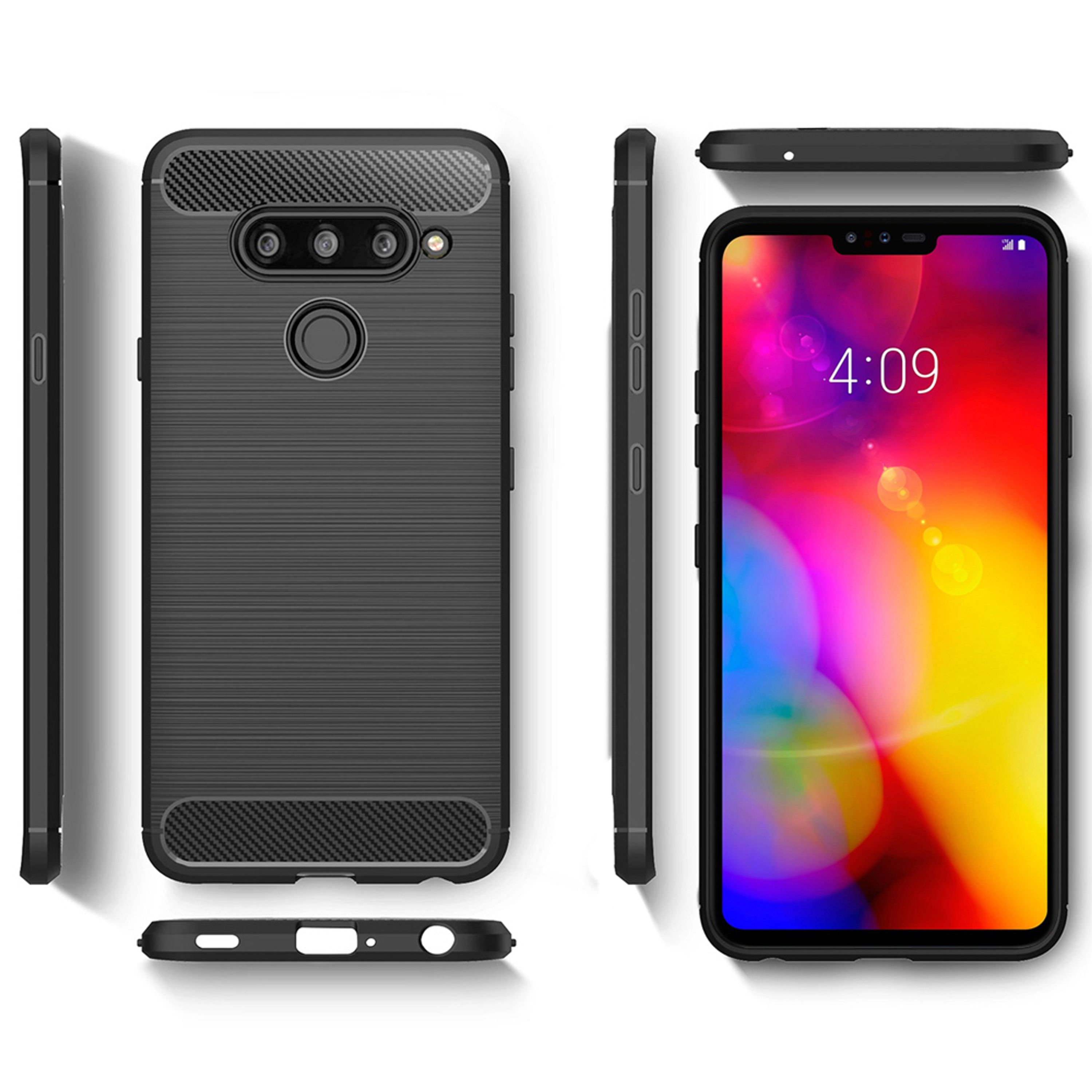 Eine schwarze Handyhülle mit Carbonmuster und eine Ansicht des eingeschalteten Smartphones.