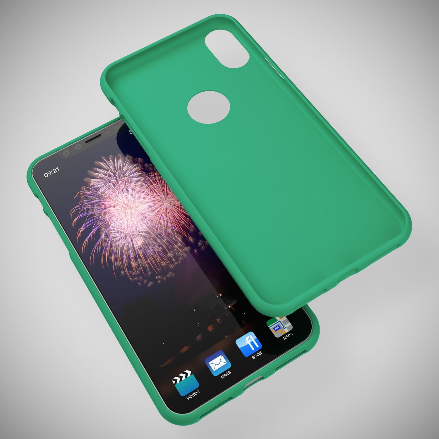 Una cover verde per telefono accanto a uno smartphone con sfondo di fuochi d'artificio.