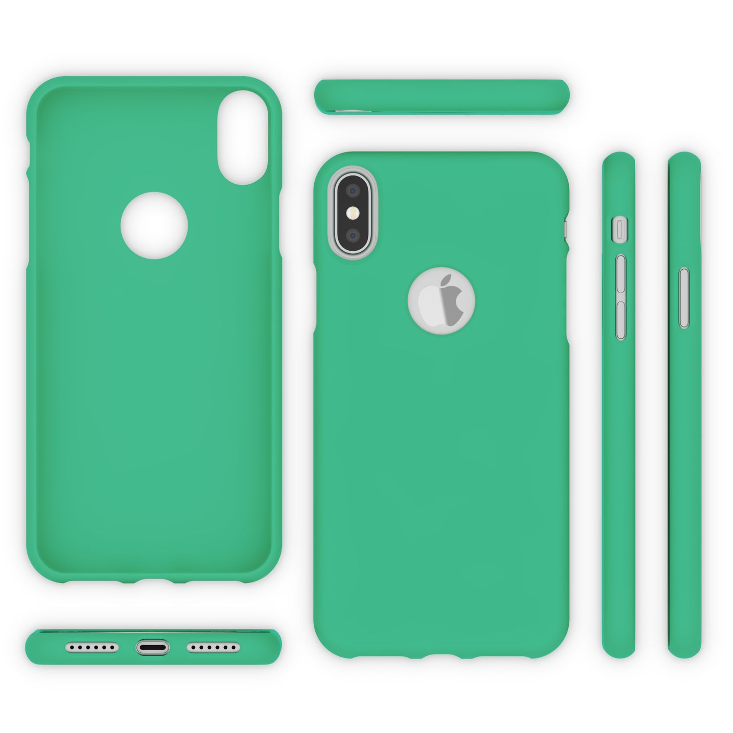 Un set di custodie verdi per telefono con logo Apple e ritaglio fotocamera.