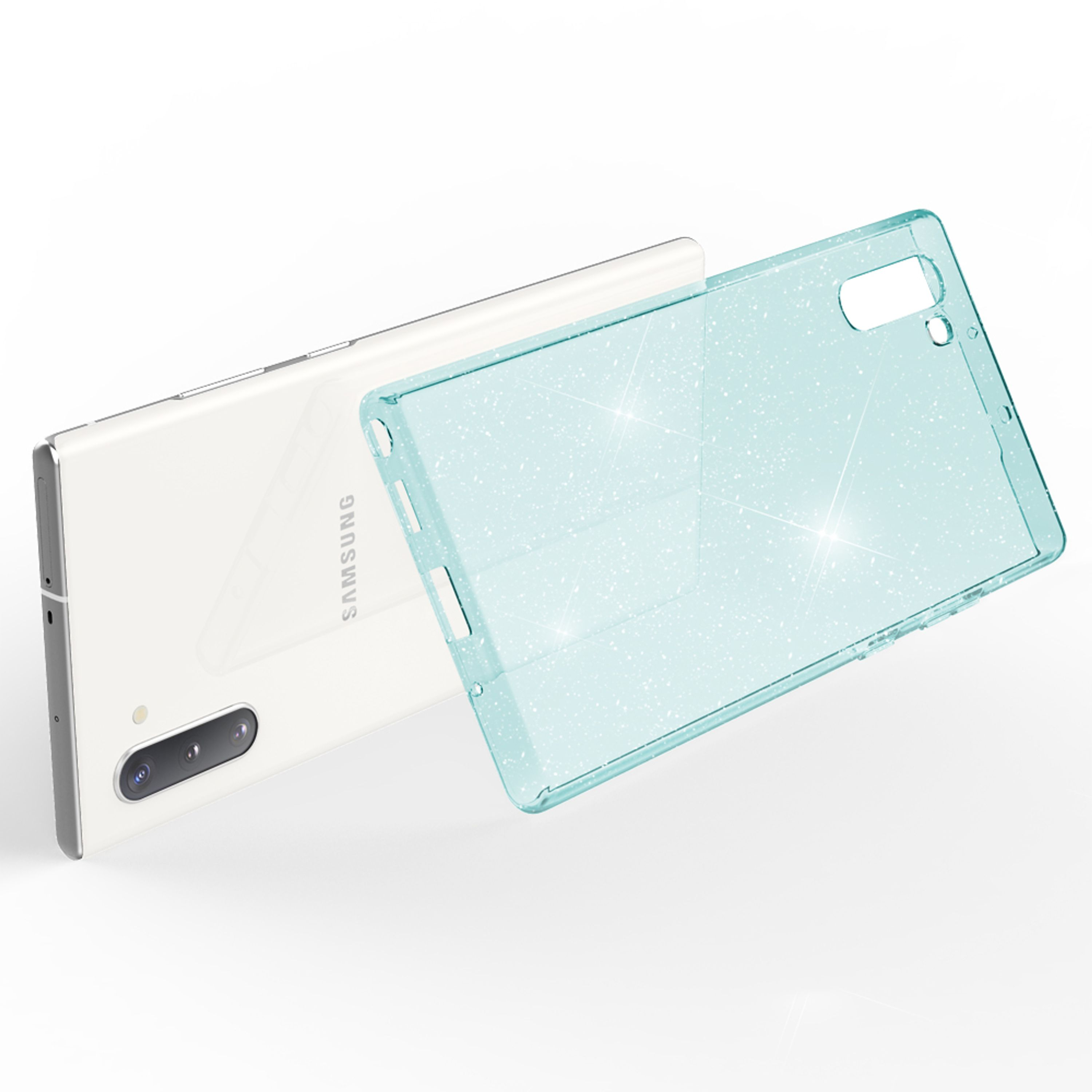 Uno smartphone bianco con tre fotocamere accanto a una cover traslucida scintillante.