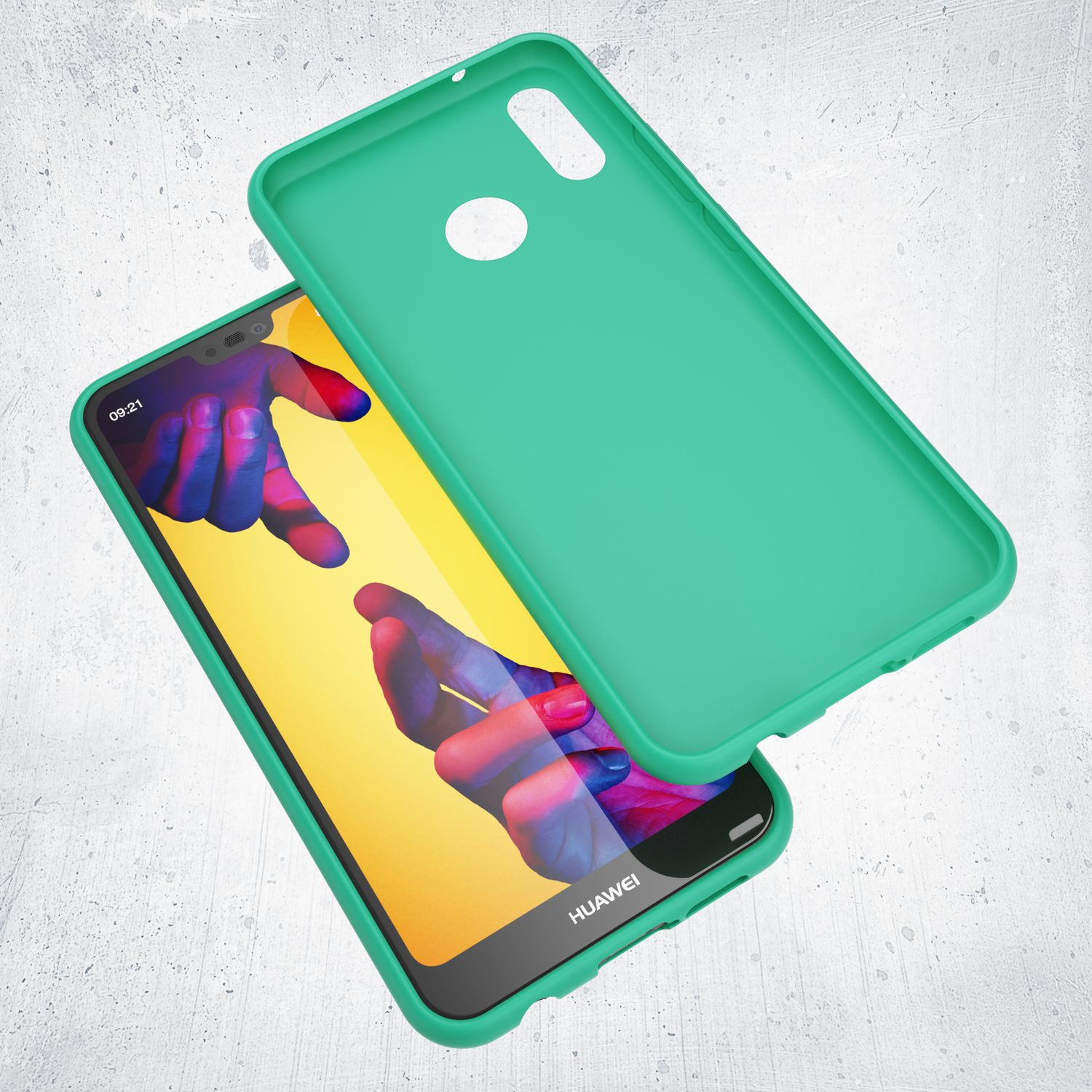 Eine grüne Handyhülle schwebt über einem Smartphone, das bunte Hände zeigt.