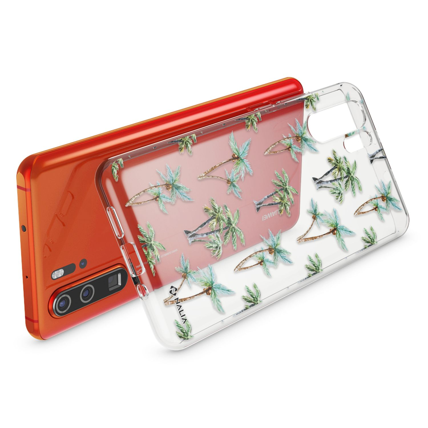 Smartphone arancione con cover trasparente a tema palme.