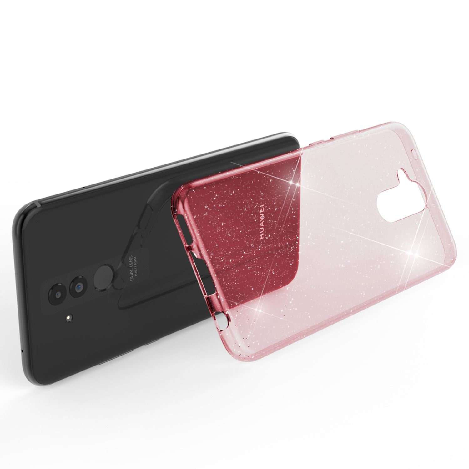 Schwarzes Smartphone mit einer rosafarbenen Hülle mit Glitzerpartikeln.
