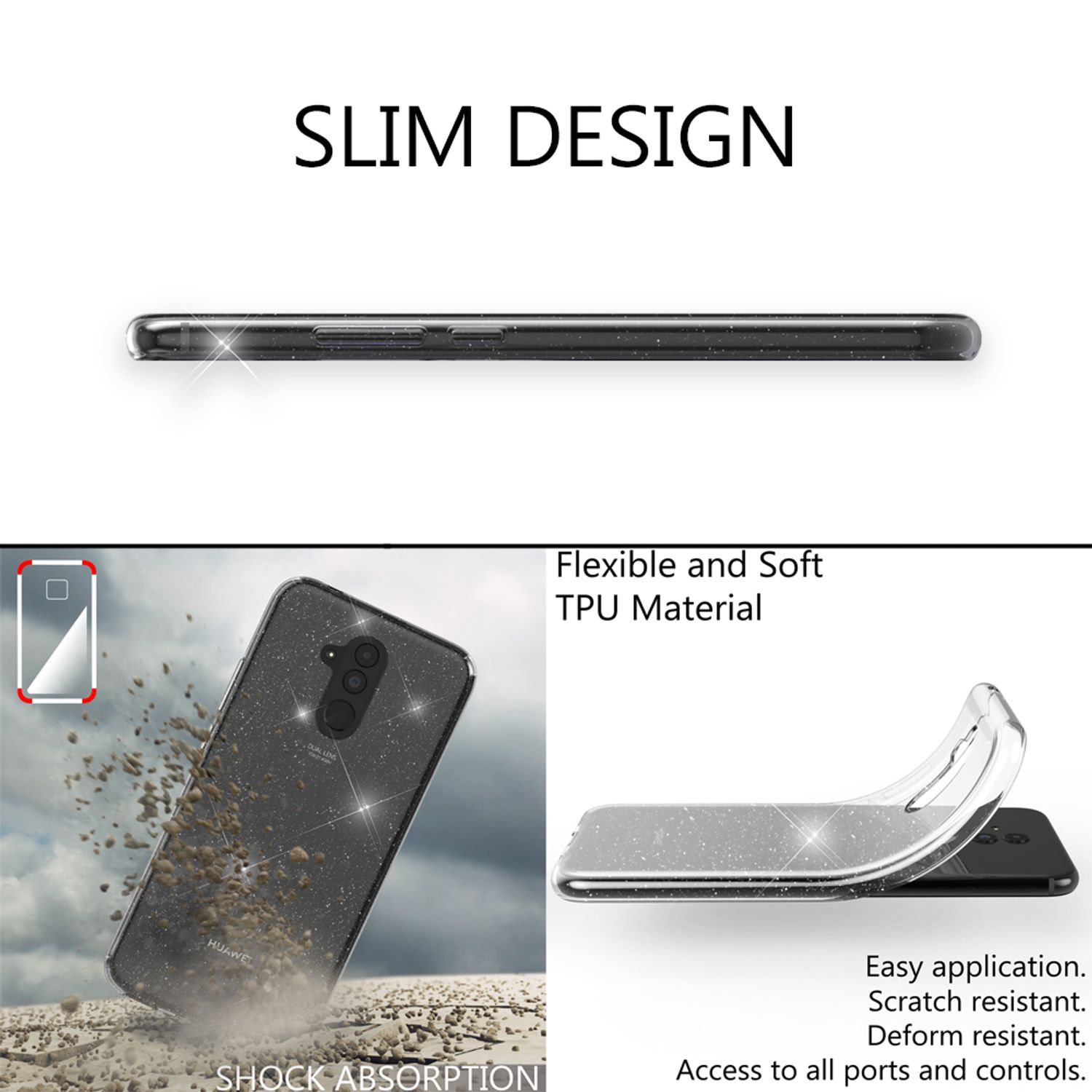 Schwarze Handyhülle mit Glitzer, die auf den Boden fällt. Flexible TPU-Material-Anzeige.