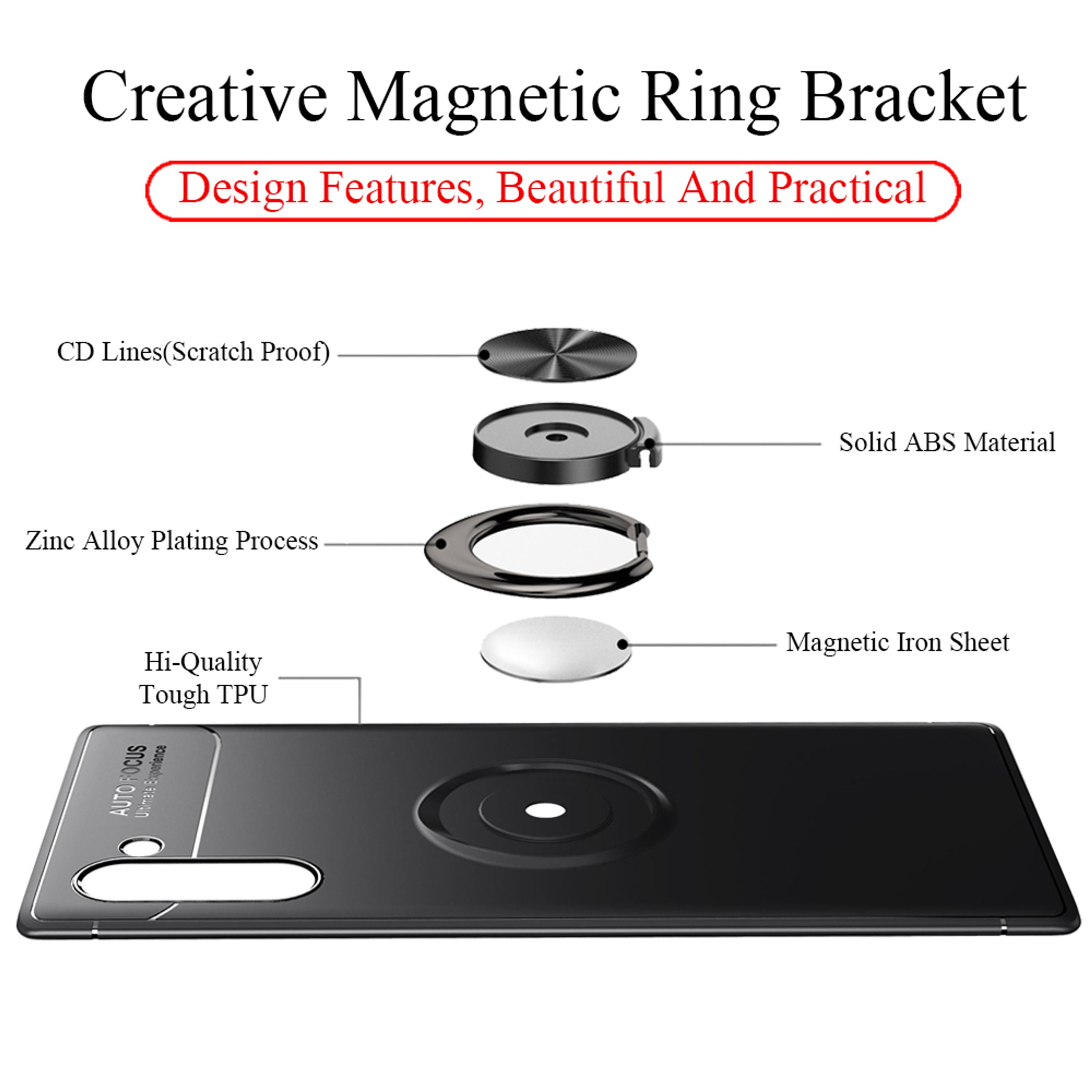 Diagramm zeigt Handyhülle mit Magnetringhalterung, ABS, TPU, CD-Linien.