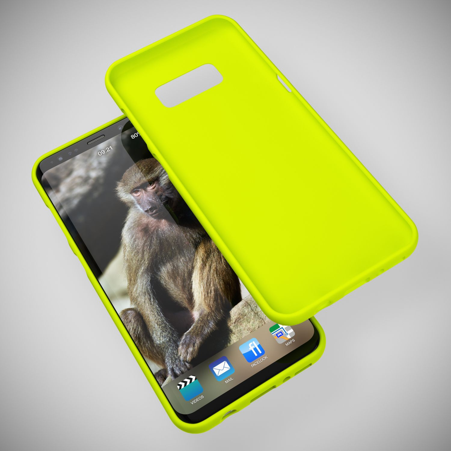 Eine neongelbe Handyhülle wird mit einem Smartphone gezeigt, das ein Pavianbild anzeigt.