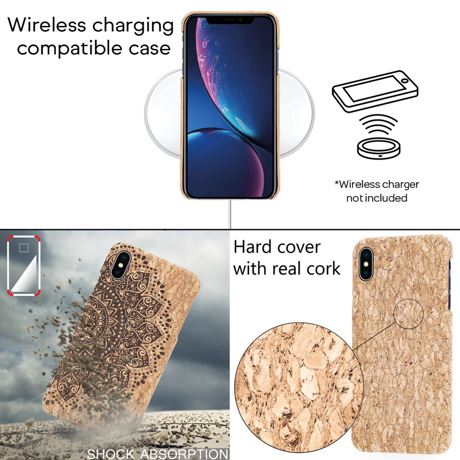 Ein iPhone mit einer Hülle wird kabellos geladen. Nahaufnahme einer Korkhülle.