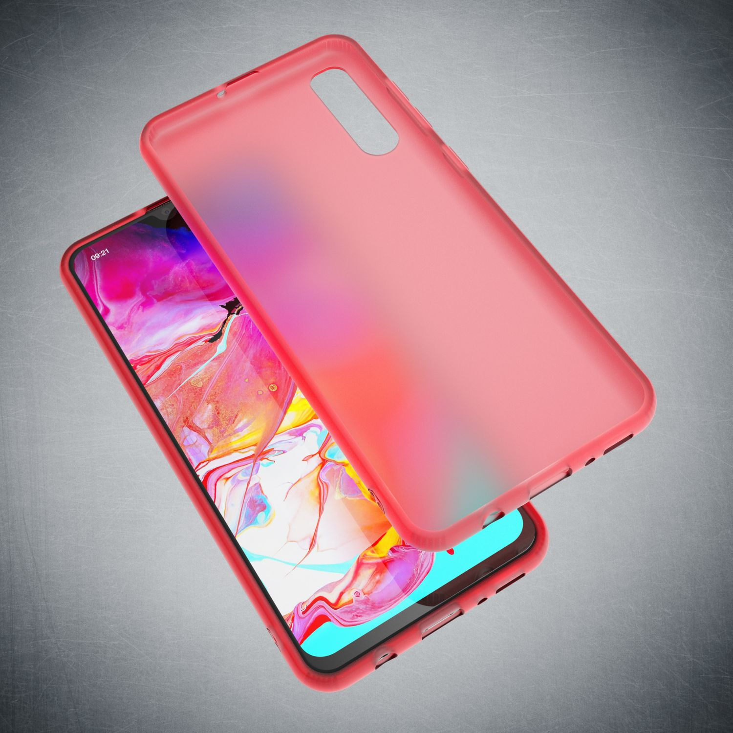 Ein rotes Handy mit einer durchsichtigen Hülle daneben auf grauem Untergrund.