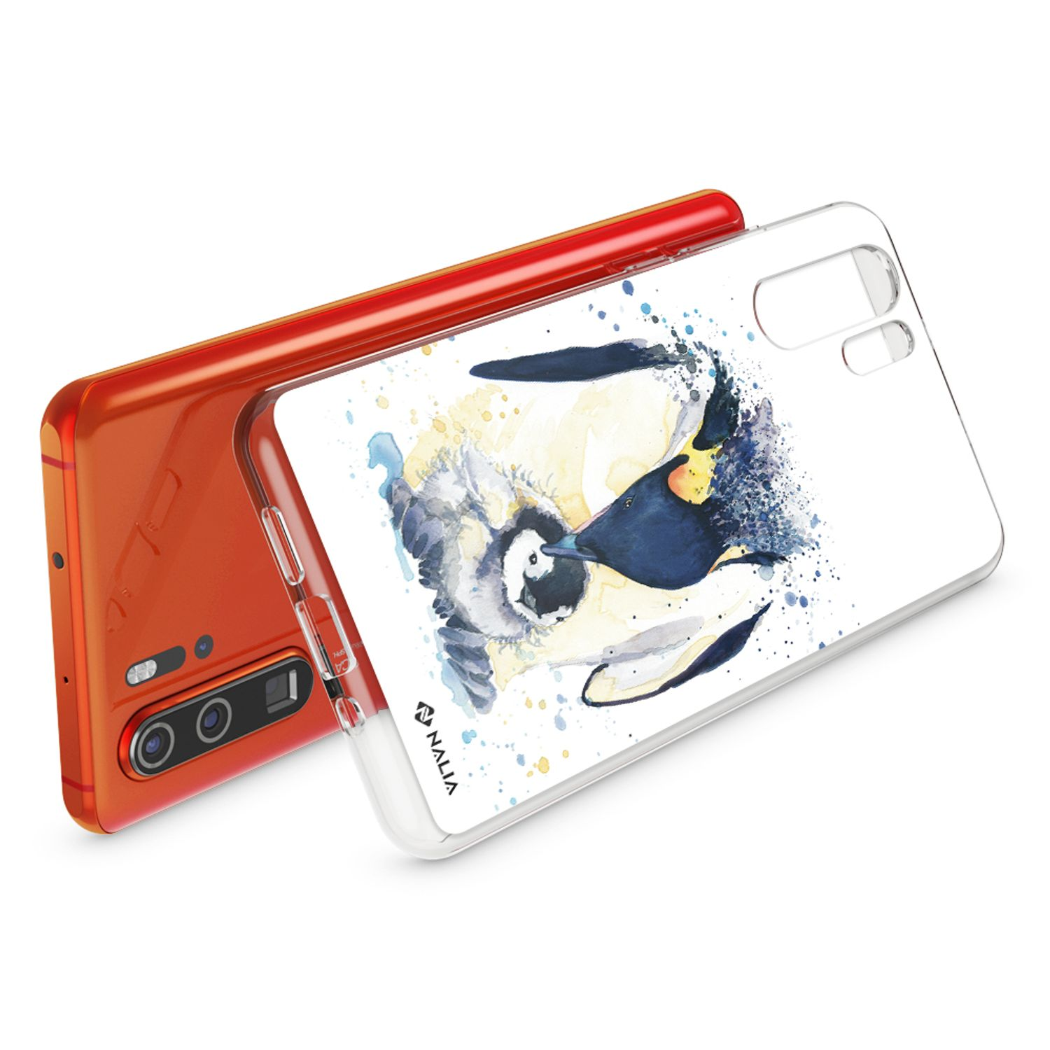 Orangefarbenes Handy mit durchsichtiger Hülle, die einen Pinguin zeigt.