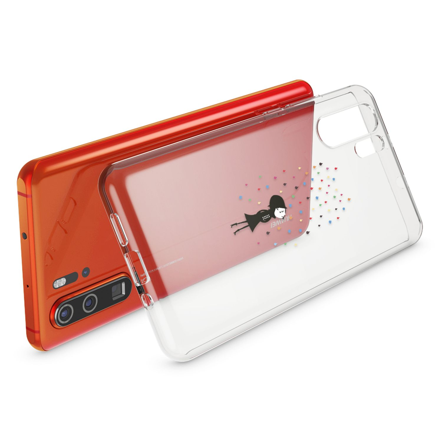 Orangefarbenes Handy mit durchsichtiger Hülle, die eine stilisierte Figur zeigt.